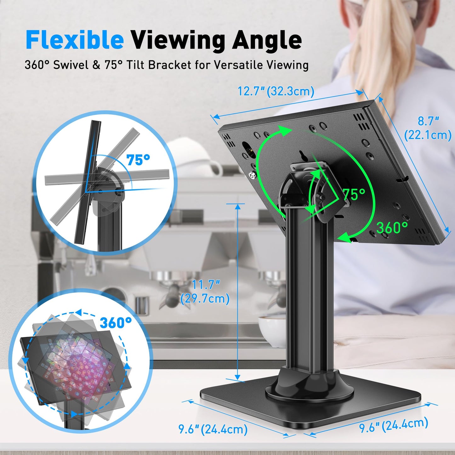 AboveTEK Anti-Theft iPad Kiosk Stand – POS iPad Security Stand & Locking Tablet Stand – Heavy Duty Base, 360° Swivel, 75° Tilt Bracket – Perfect for Retail Business (Black)