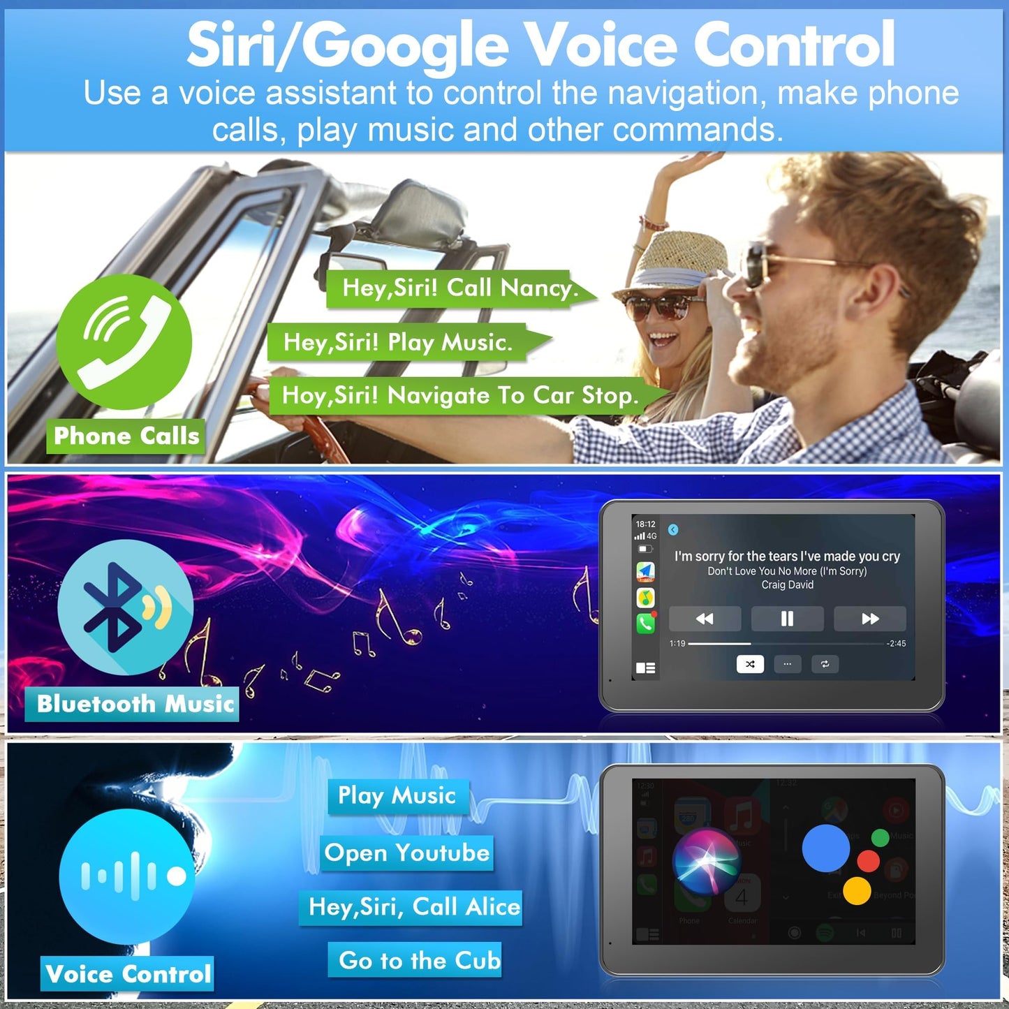 【Hieha】 2024 Newest Wireless Portable Carplay and Android Auto, Carplay Screen for Car with Mirror Link/AUX/FM,7" Touchscreen Bluetooth 5.0, Potable Car Stereo with，car Accessories