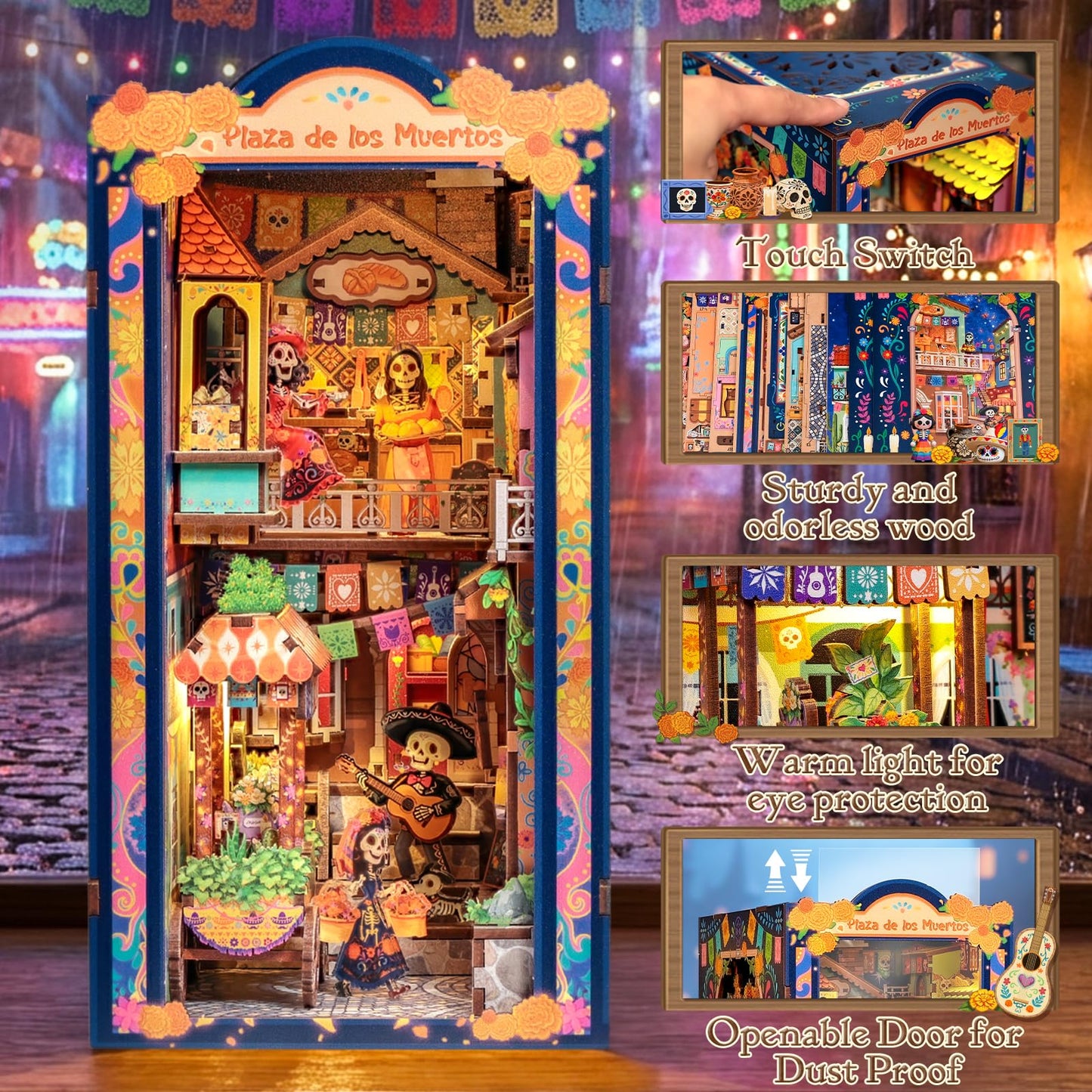 Cutefun DIY Book Nook Kits for Adults Mexican Art and Culture, Decorative Bookends for Bookshelf with LED Light & Dust Cover, 3D Wooden Puzzle Booknook for Teens Creative Gifts (Plaza de Los Muertos)