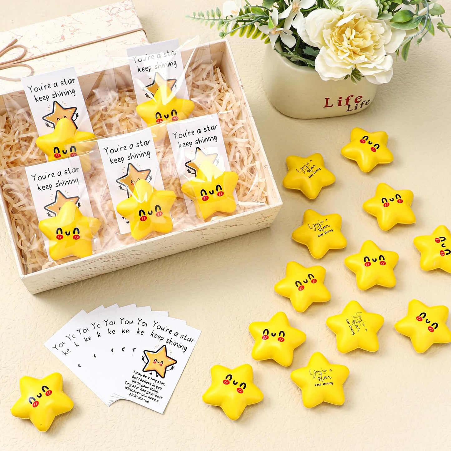 Libima 30 Pcs Inspirational Stress Balls Team Gift Thank You Teacher Appreciation Positive Gift Funny Relief Ball with Cards Bags Elastic Relief Dietitian for Coworker Staff (Star)