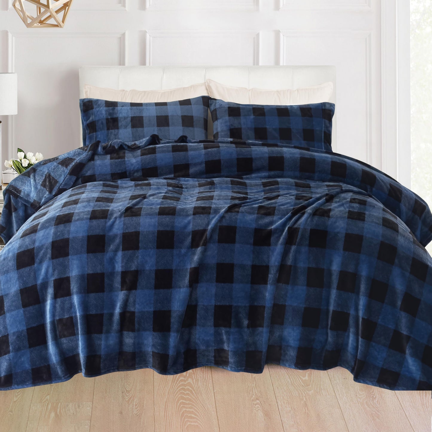 Elegant Comfort Luxuriously Soft 4-Piece Velvet Plush Flannel Sheet Set - Premium Quality - Cozy Warm, Anti-Static, Non Pilling Fuzzy Velvet Flannel Fleece Deep Pocket Sheet Set - Queen, Buffalo Blue