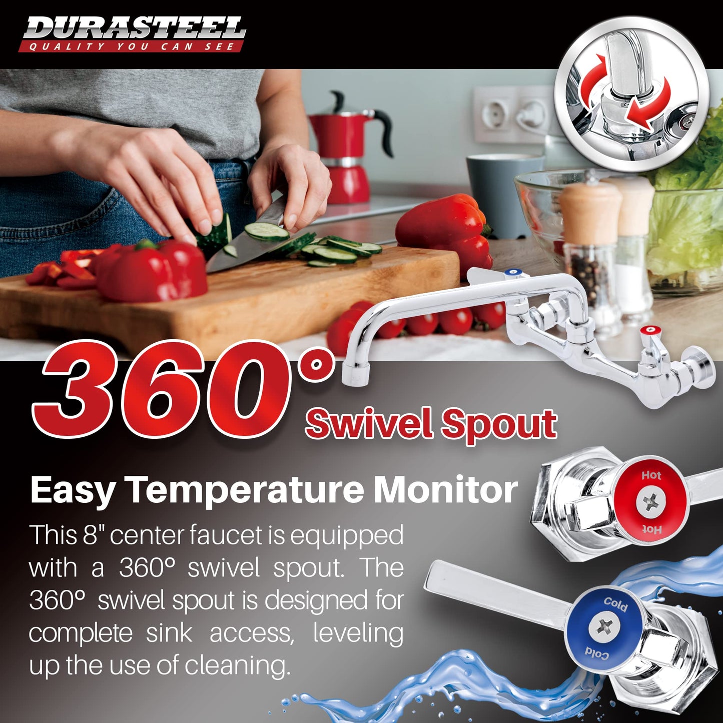 DuraSteel Kitchen Sink Faucet Wall Mount - DuraSteel 8" Center Commercial Kitchen Sink Faucet with 12" Swivel Spout - Dual Lever Handles - Brass Constructed & Chrome Polished