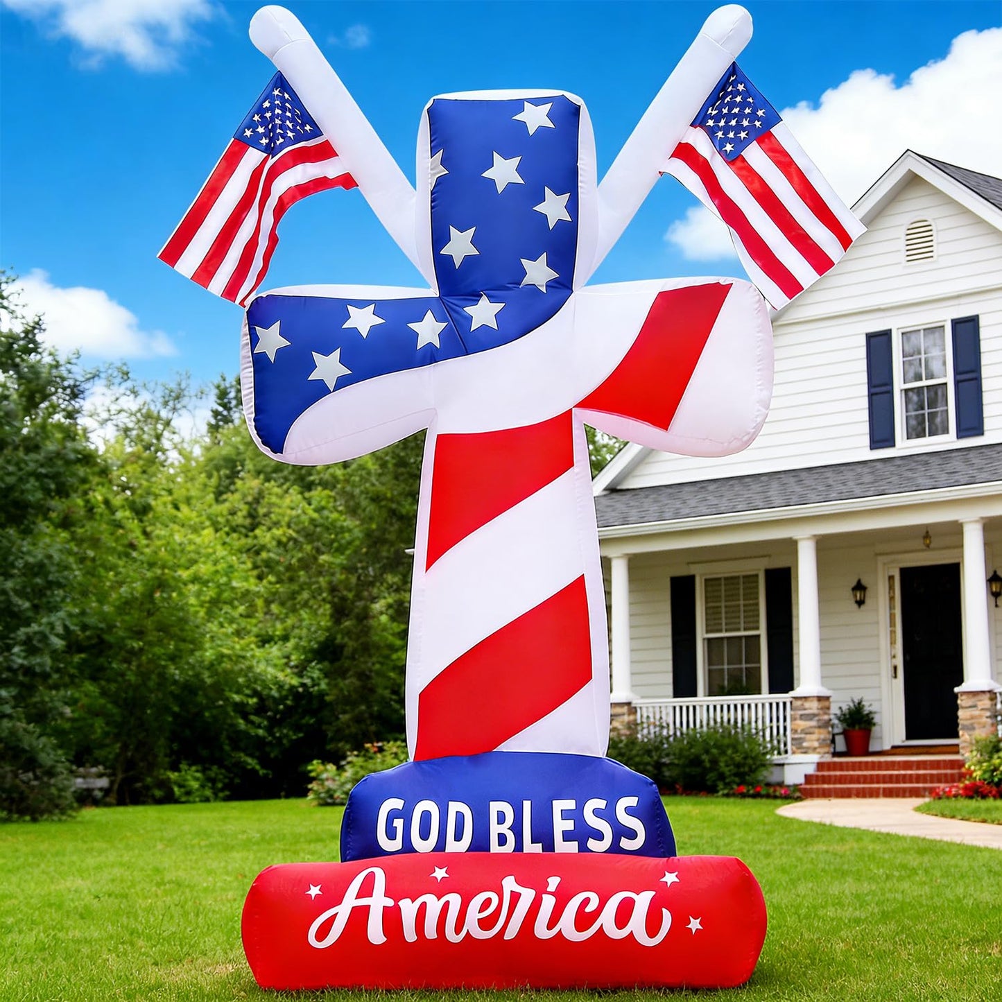 DomKom 6FT Patriotic Independence Day 4th of July Memorial Day Inflatable Outdoor Decoration, Cross with American Flags, LED Lights Holiday Blow Up for Fourth of July Party Garden Yard Lawn Decor