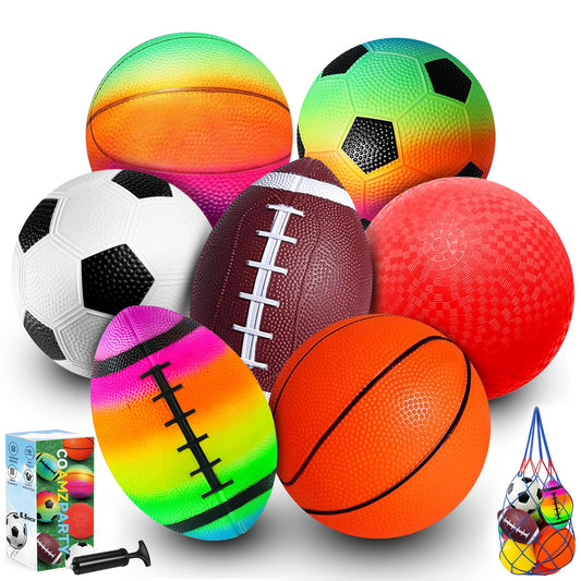 COAMZPARTY 8.5 Inch Sports Balls Set 7 Pack, Playground Balls for Kids&Adults, Includes Soccer Ball, Basketball, Rainbow Ball for Outdoor & Indoor Games (8.5Inch Sports Ball Set (7 Piece))