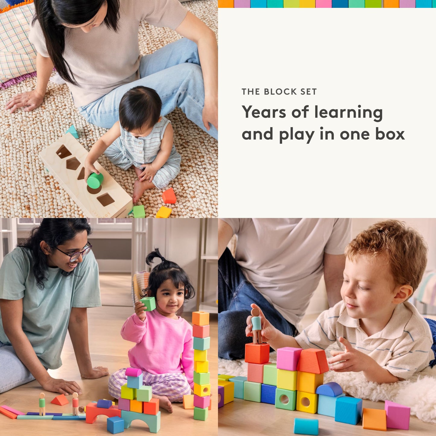 The Block Set by Lovevery – Solid Wood Blocks and Shapes + Wood Storage Box, 70 Pieces, 18 Colors, 20+ Activities