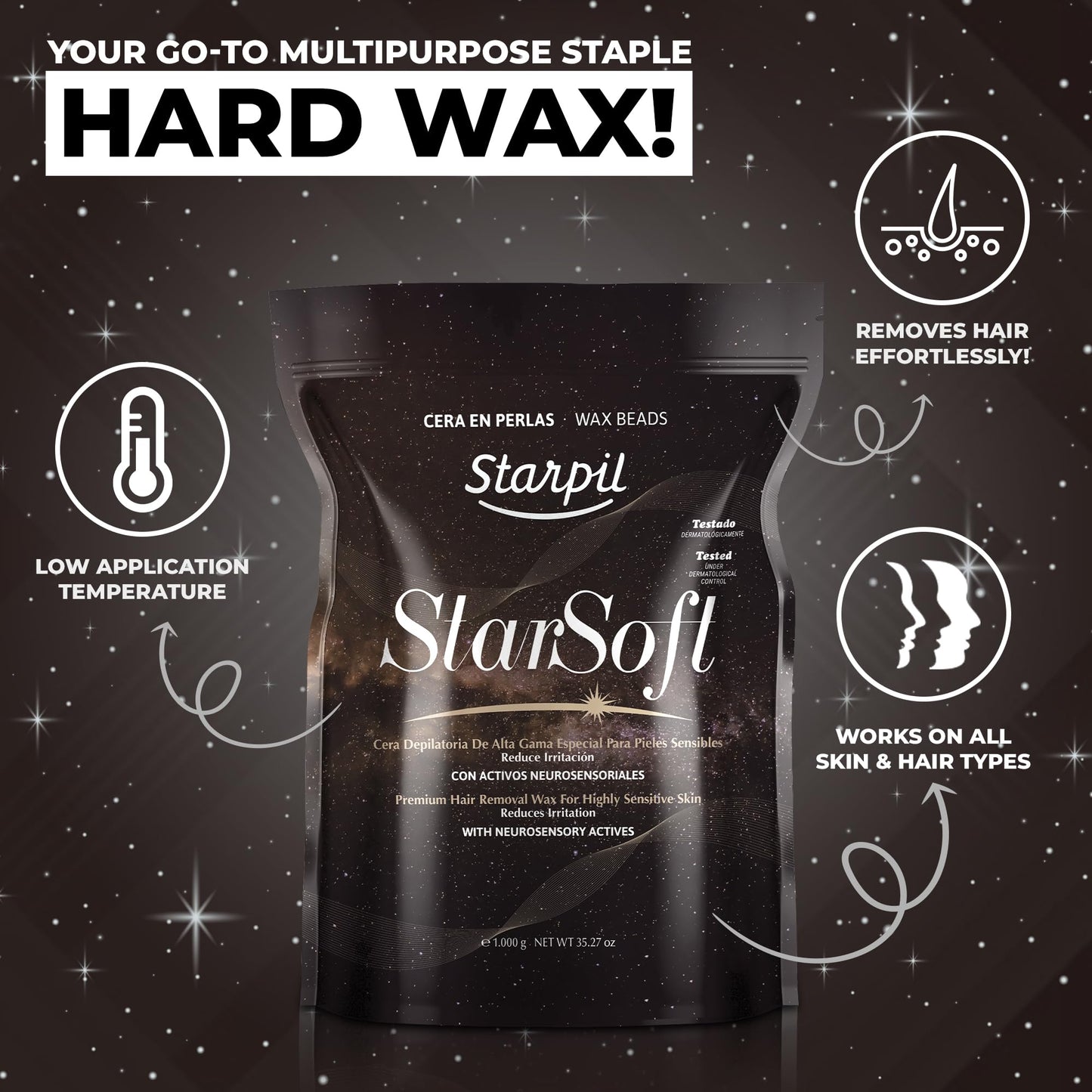 Starpil Wax 1000g - StarSoft Film Hard Wax Beads Bag 2.2lb. Professional Hair Removal Wax for Estheticians. Wax Beans for Sensitive Skin.