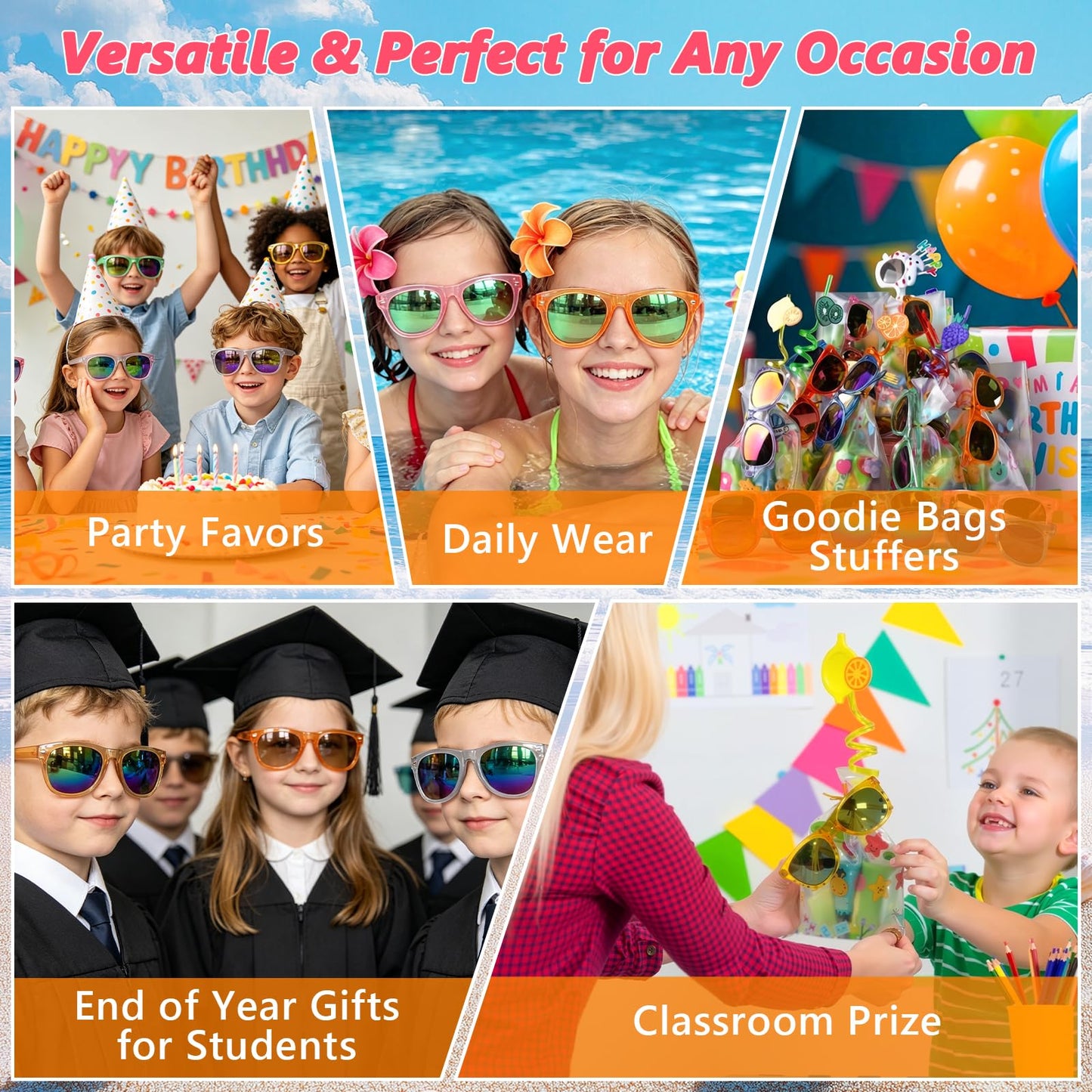 Rugort Kids Sunglasses 32 Bulk Party Favors, Toddler Boys Girls Age 3-8 Birthday Favor Summer Goodie Bags Stuffers, Neon Sunglass with UV 400 Protection for Students Valentines Easter Day Gifts