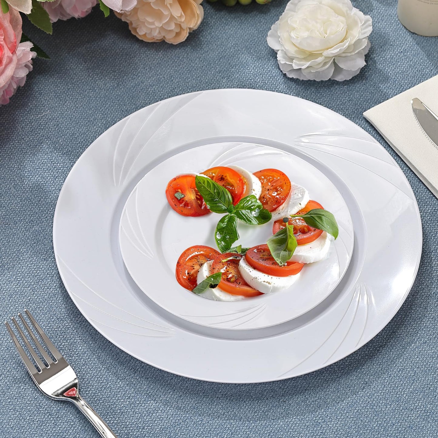 VajilaPhil 350-Piece White Swirls Plastic Dinnerware Set for 50 Guests, Elegant Disposable Dinnerware for Party, Wedding. Includes 10.25" Dinner Plates, 6.5" Dessert Plates, Silverware, Napkins, Cups