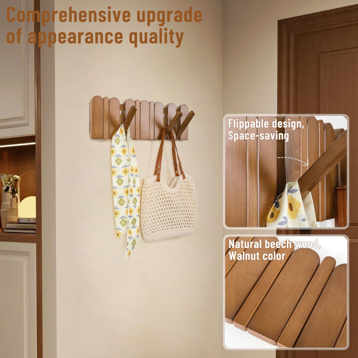 KYIAANY Wall Coat Rack for Entryway: Wooden Modern Heavy Duty 6 Hooks Retractable Wall Mounted for Small Spaces Hallway Bathroom Bedroom for Hanging Jacket Towel Backpack Bag
