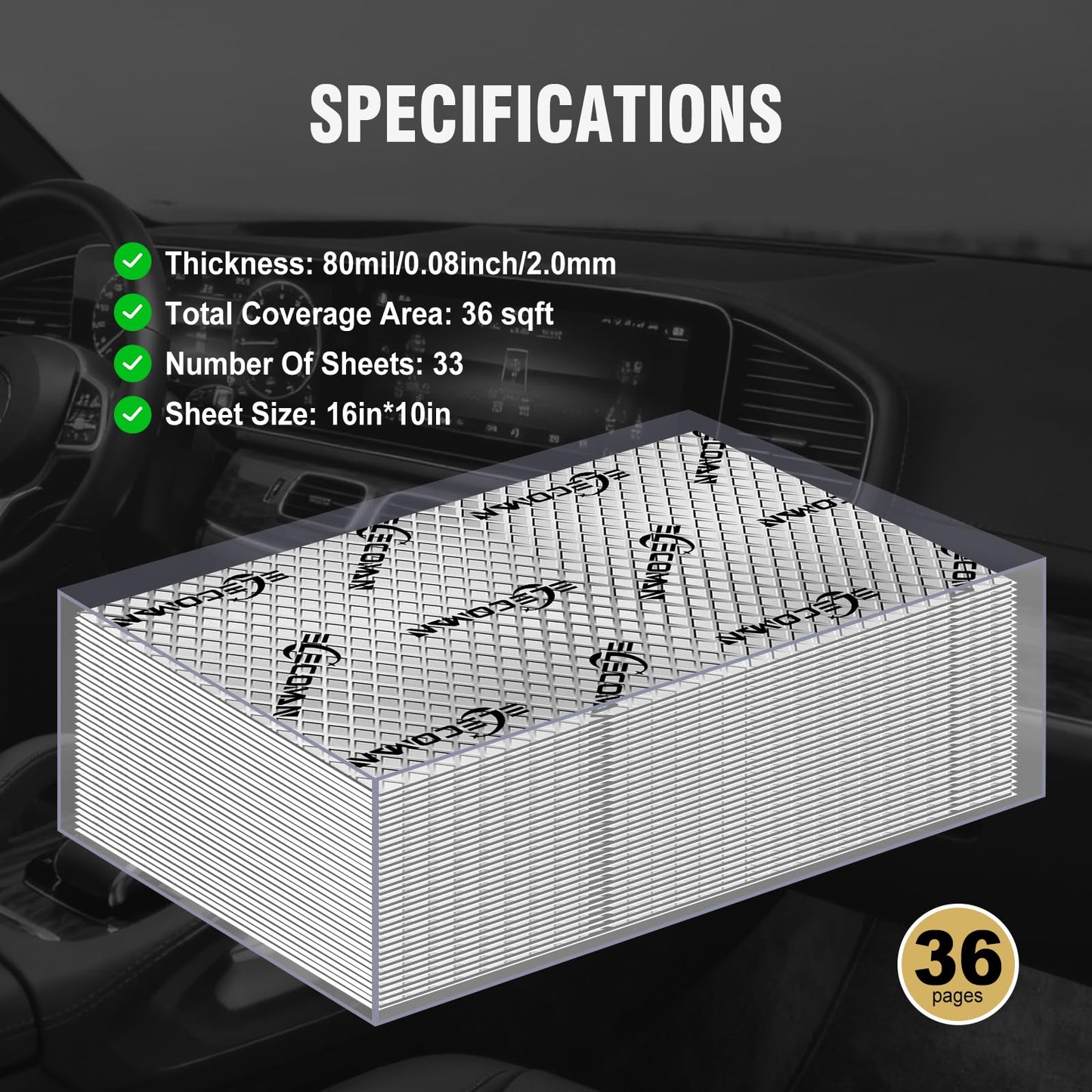 ELecoman Car Sound Deadening Mat-80 mil 36 sqft Sound Deading Material - Butyl Automotive Sound Deadener, Audio Noise Insulation and Vibration Dampening