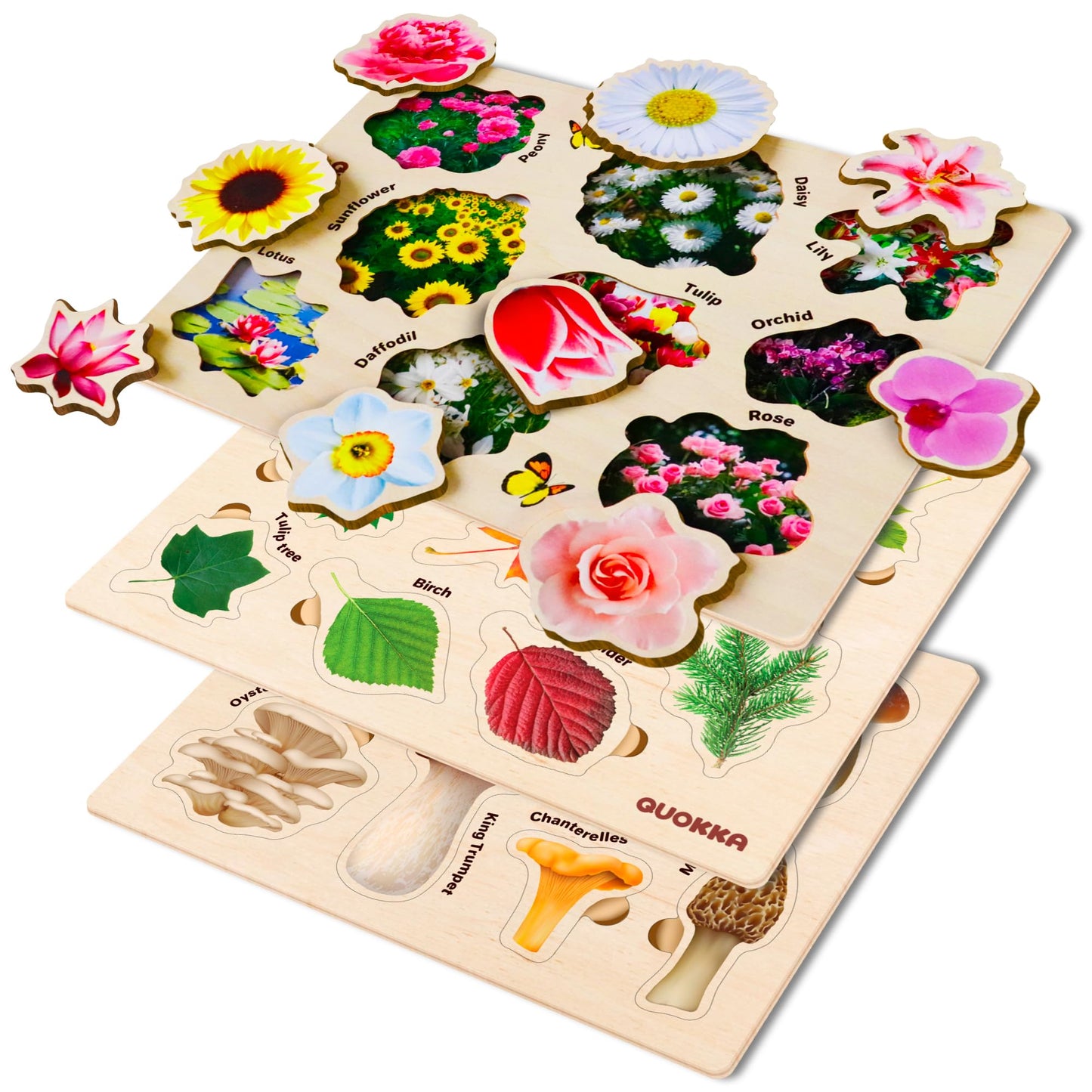 QUOKKA Wooden Puzzles for Toddlers 1-3 – 3X Set Montessori Toys Puzzles for Kids Ages 2-4 – Wood Educational Baby Game 12-18 Months – Gift Learning Mushrooms Flowers Leaves - Boy & Girl 3-5