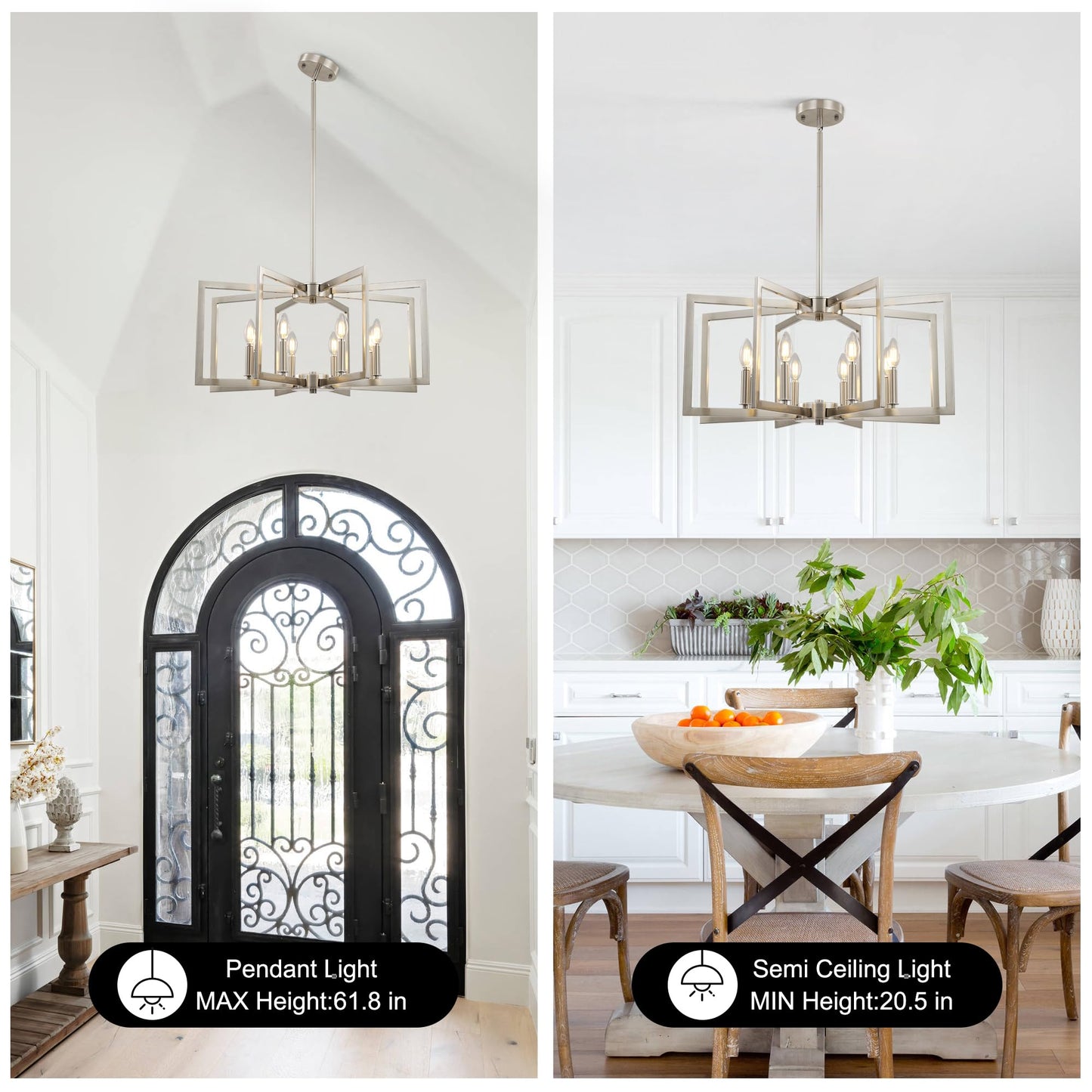 8-Light Large Brushed Nickel Chandeliers for Dining Room，Modern Industrial Pendant Lights Kitchen Island，Farmhouse Entryway Light Fixtures，Metal Geometric Chandelier for Living Room