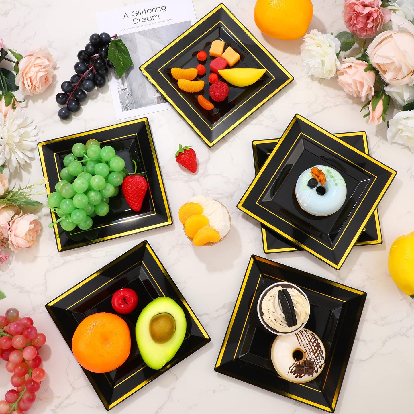 Gandeer 200 PCS Black and Gold Plastic Dessert Plates Square 6.5 Inch Disposable Appetizer Cake Salad Plates Silverware with Gold Rim for Wedding Birthday Anniversary Party