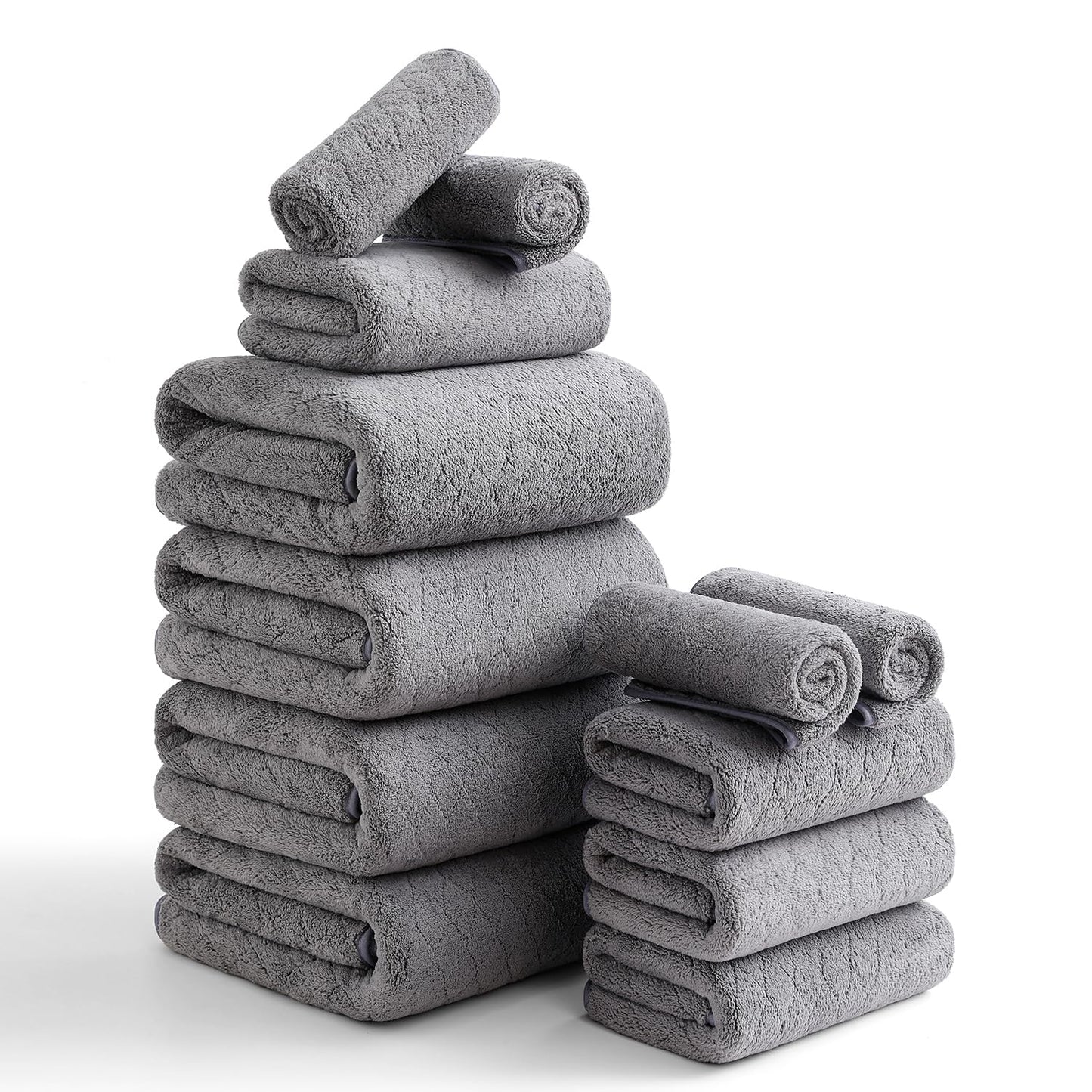 Luxury Bath Towels Set - 12 Piece (4 Bath Towels,4 Hand Towels,4 Washcloths), 100% Microfiber,Extra Absorbent Super Soft & Quick Dry,Complete Family Pack for Bathroom Gym Pool,Grey