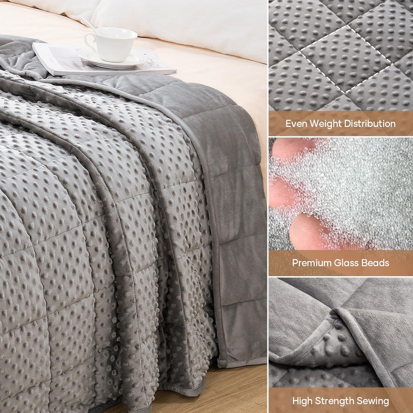 Wemore Minky Dot Weighted Blanket Twin Size 15 lbs (60"x80"), Soft Cozy Heavy Blanket for Stress Relief & Better Sleep, Breathable All-Season Glass Beads Blanket for Adults, Grey