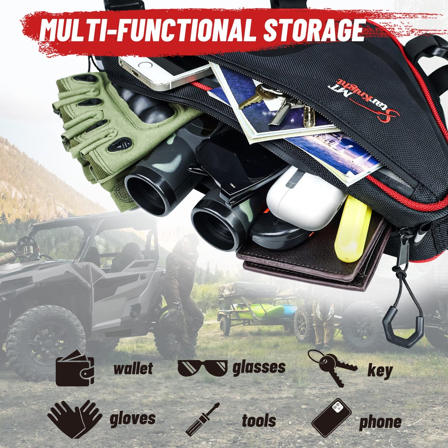 StarknightMT 2 Packs Universal UTV Roof Storage Bag, Triangle Bike Bag Waterproof UTV Overhead Bag Fits 1.75" to 2" Roll Bar Compatible with Can Am X3 Commander Defender, Polaris Ranger RZR