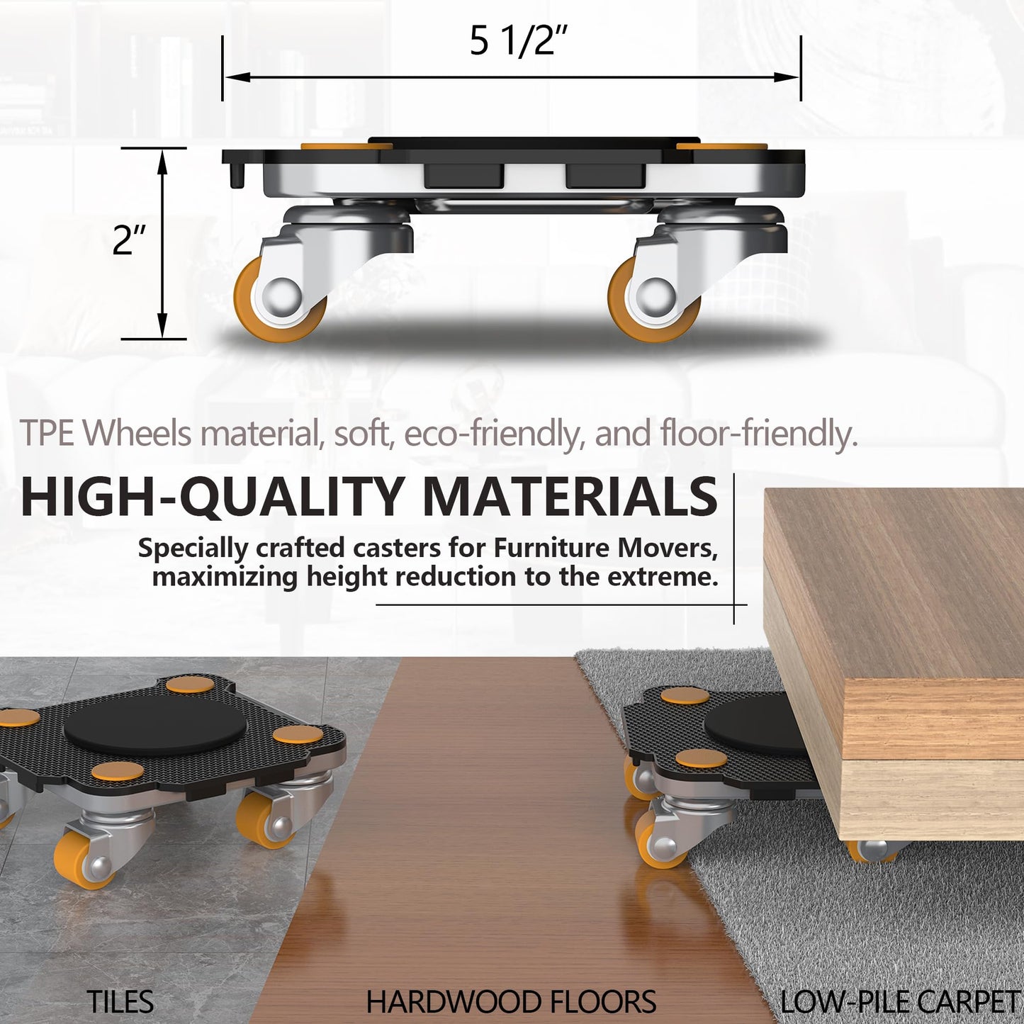 ONEON Furniture Mover Pro Set - Enhanced Dolly and Lifter with Custom TPE Wheels for Easy Furniture Lifting and Moving - Professional Tool for Effortless Furniture Transport (Black 4Dollies + 1Lifter)