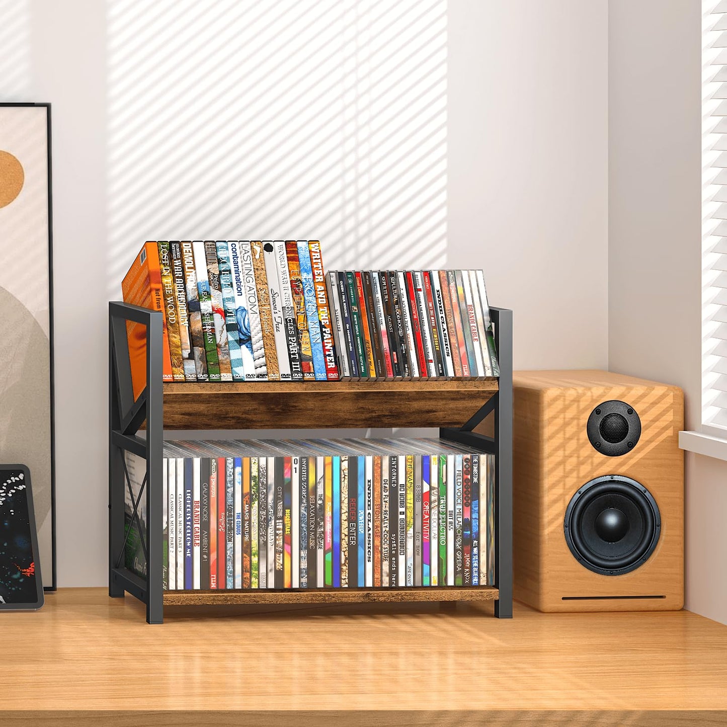 ELITEROO 2-Tier CD Holder, Wooden DVD Storage Rack for Display, Tilting CD Shelf Holds Up to Standard CDs 80 Cases or DVDs 56 cases, Retro Desk DVD Organizer Tower for Music Enthusiasts, Rustic Brown