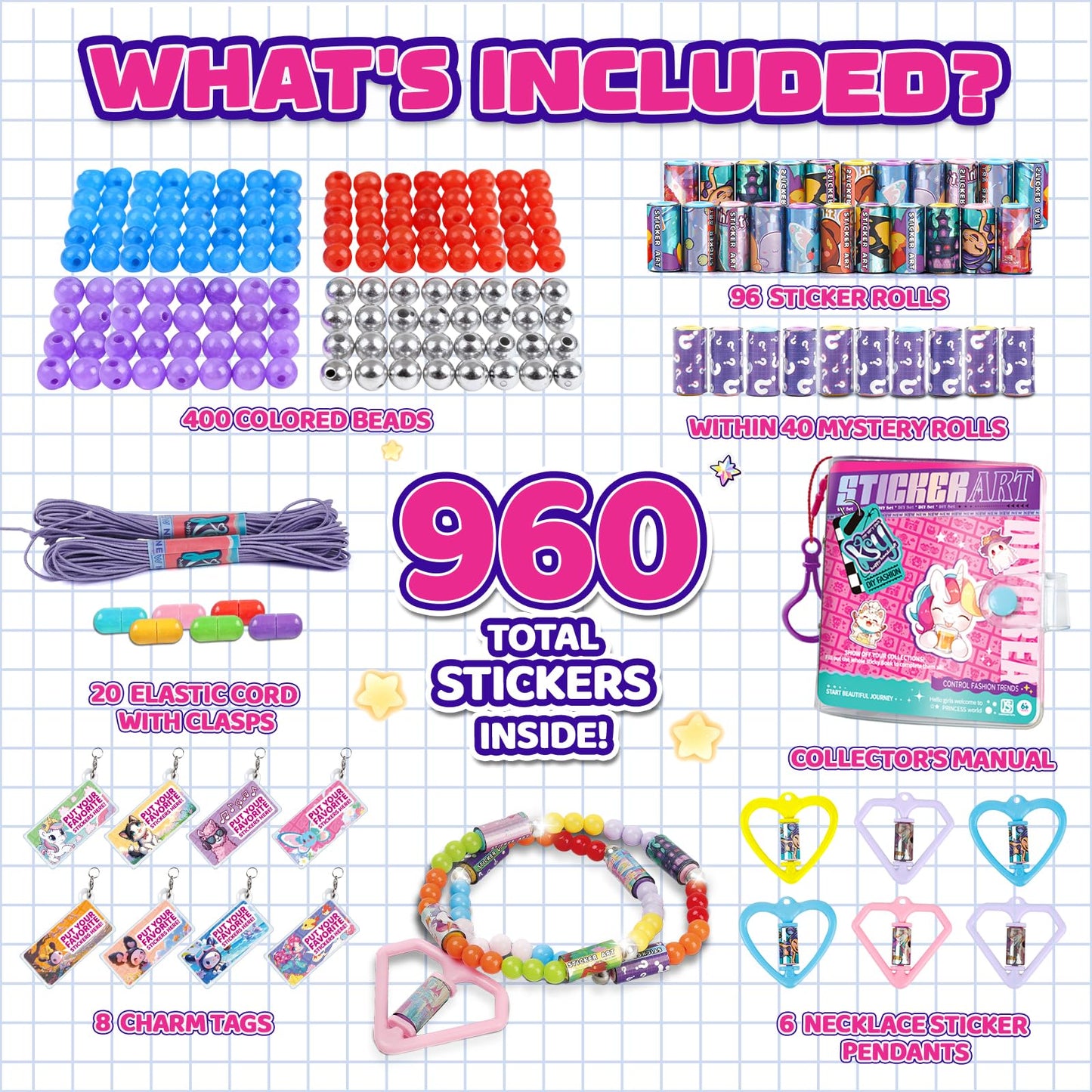 Bracelet Making Kit Girls with 960 Stickers, Scarmat Charm DIY Friendship Bracelet Kit for Kids Ages 5 6 7 8 9 10 11 12 Year Old, Creative Friends Bracelet Arts Crafts Gift 400 Beads Jewelry Making Supplies for Birthday/Easter/Party