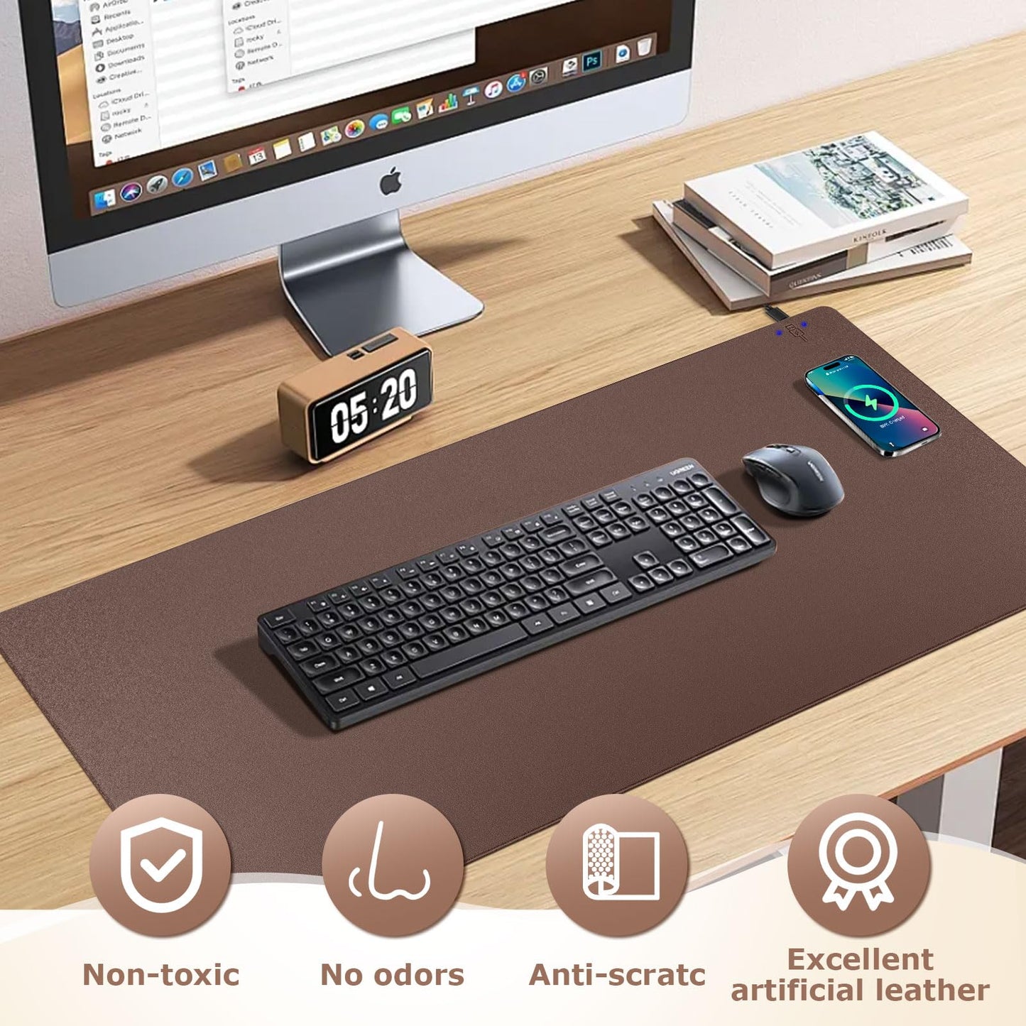Wireless Charging Mouse Pad Firelison 2 in 1 Leather Multifunctional Office Desk Pad with Non-Slip Rubber Base, Waterproof Desk pad for Computers/Office/Work/Home/Decor（ 36" x 17"Brown - R）