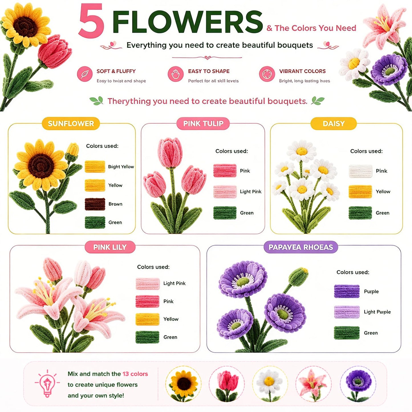 800 Pcs Pipe Cleaners for Crafts,Ultimate DIY Flower Making Kit, Includes Chenille Stems, Stamen, Floral Tape, Ribbon & Craft Wire, Perfect for Bouquet, Home Decoration or Handmade