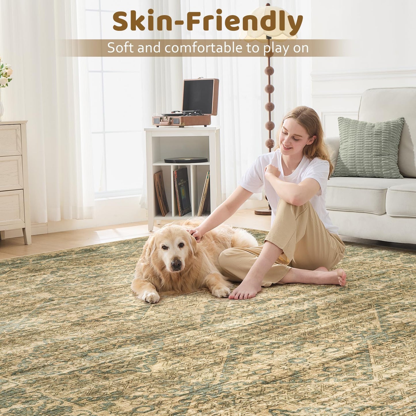 10x14 Area Rug Living Room: Washable Neutral Vintage Large Rugs Non-Slip Stain Resistant Soft Low Pile Indoor Retro Carpet for Bedroom Dining Room Under Table Office Playroom - Brown