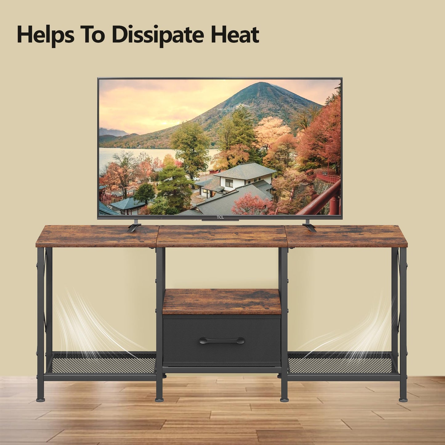 JARHETUN TV Stand with Fabric Drawer, Entertainment Center for 50 55 Inch TV, Industrial TV Console Table with Open Storage Shelves for Living Room, Bedroom, Rustic Brown