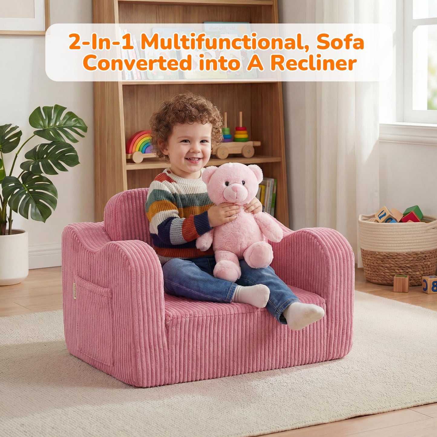 MeMoreCool Corduroy Pink Kids Chair, 2-in-1 Kids Couch Fold Out to Recliner for Girls, Comfy Foam Sofa for Ages 3+ with Washable Cover for Playroom and Bedroom