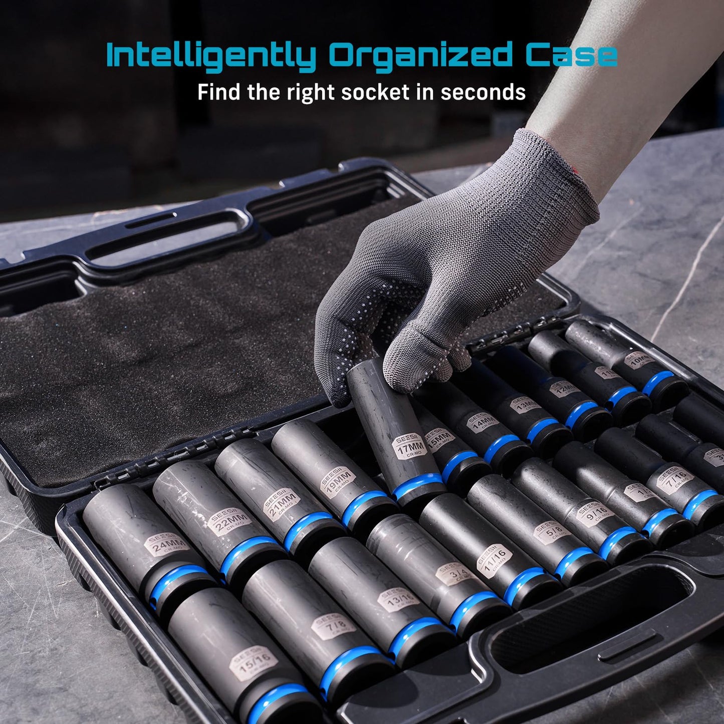 1/2" Drive Deep Impact Socket Set, SAE & Metric Sockets (5/16"-15/16" & 10-24mm), Professional CR-MO Steel, 6-Point for Impact Wrench, Automotive & Truck Repair Tool Kit