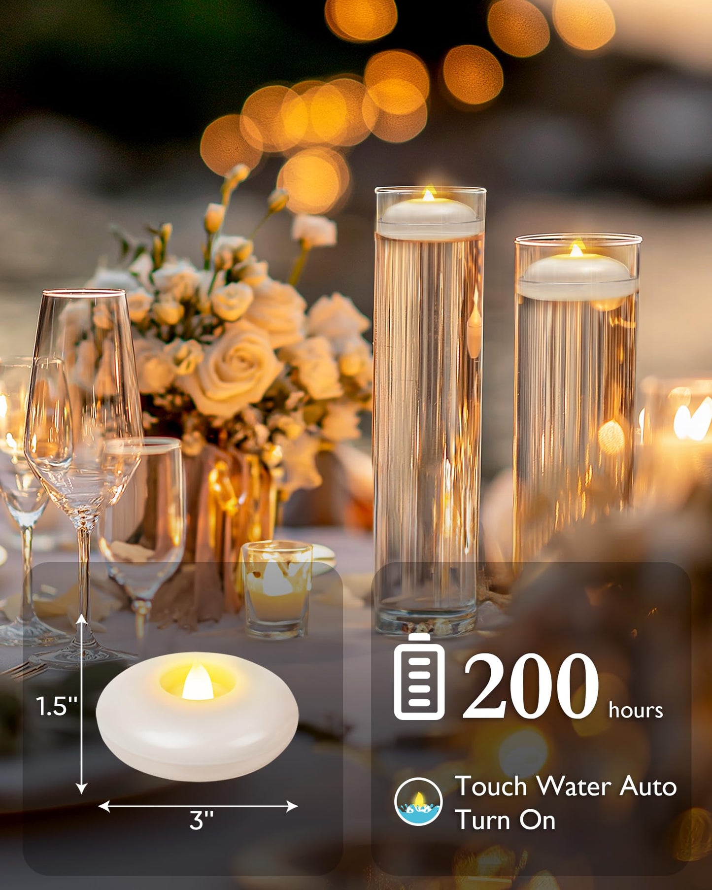 5plots 48 Pack 200 Hour Flameless Floating Candles, 3 Inches White Waterproof Led Tealights for Wedding Vases Centerpieces Party Proposal Pool Decor Decoration