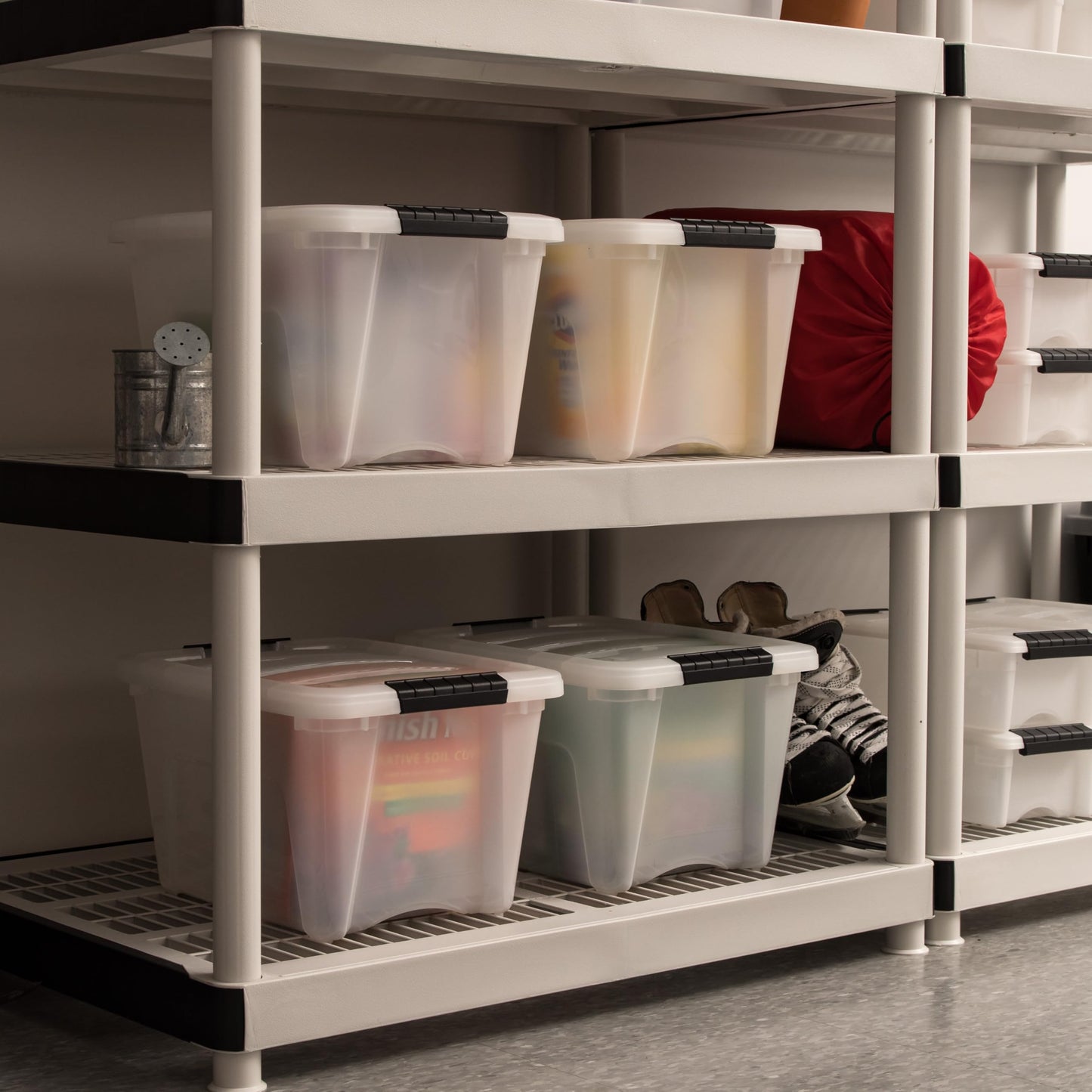 IRIS USA 19 Qt Stackable Plastic Storage Bins with Lids, 6 Pack - BPA-Free, Made in USA - Discreet Organizing Solution, Latches, Durable Nestable Containers, Secure Pull Handle - Pearl