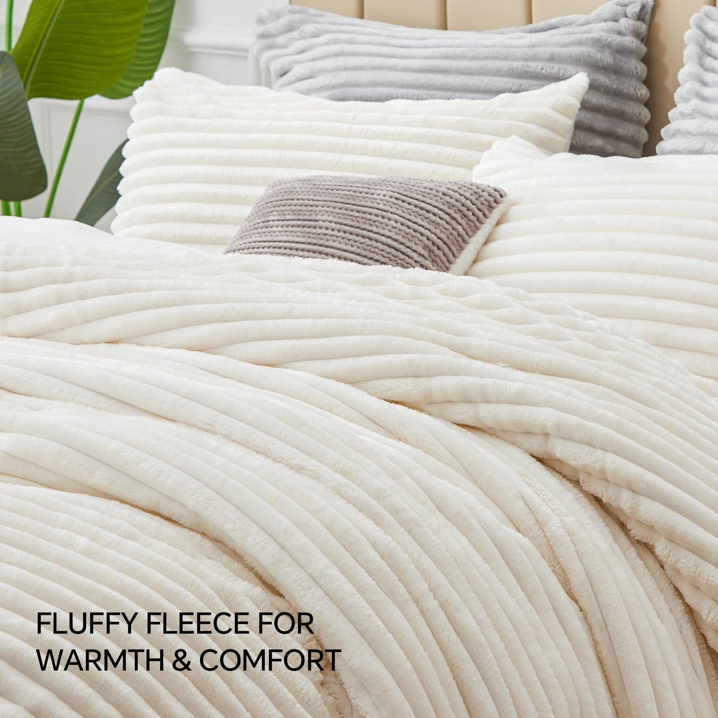 BEDELITE Fleece Queen Comforter Set -Super Soft & Warm Fluffy Cream White Bedding, Luxury Fuzzy Heavy Bed Set for Winter with 2 Pillow Cases