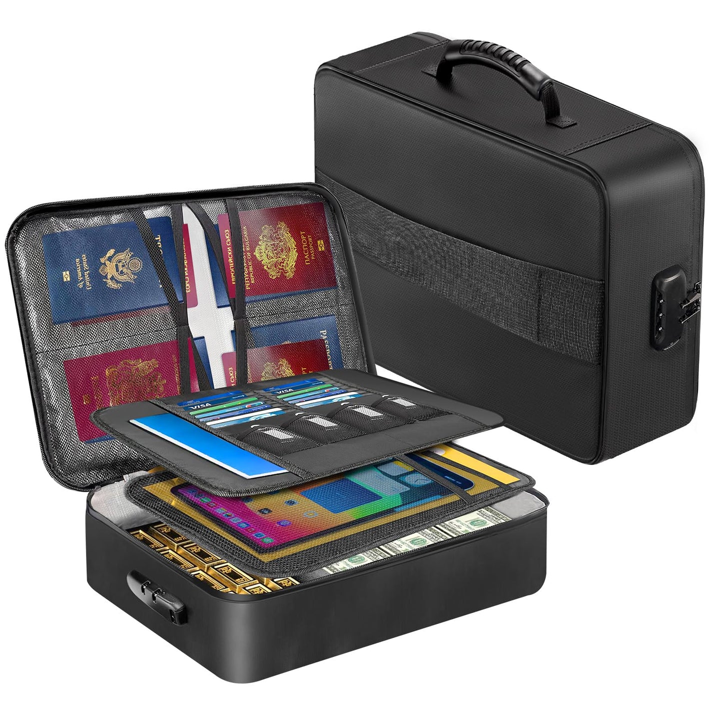 HECHN Fireproof Document Box with 5200℉ Heat Insulated, Document Organizer with Lock and Aluminum Foil Fire-Retardant Lining, Portable Home Travel Safe Storage with Multi-Layer for Important Documents