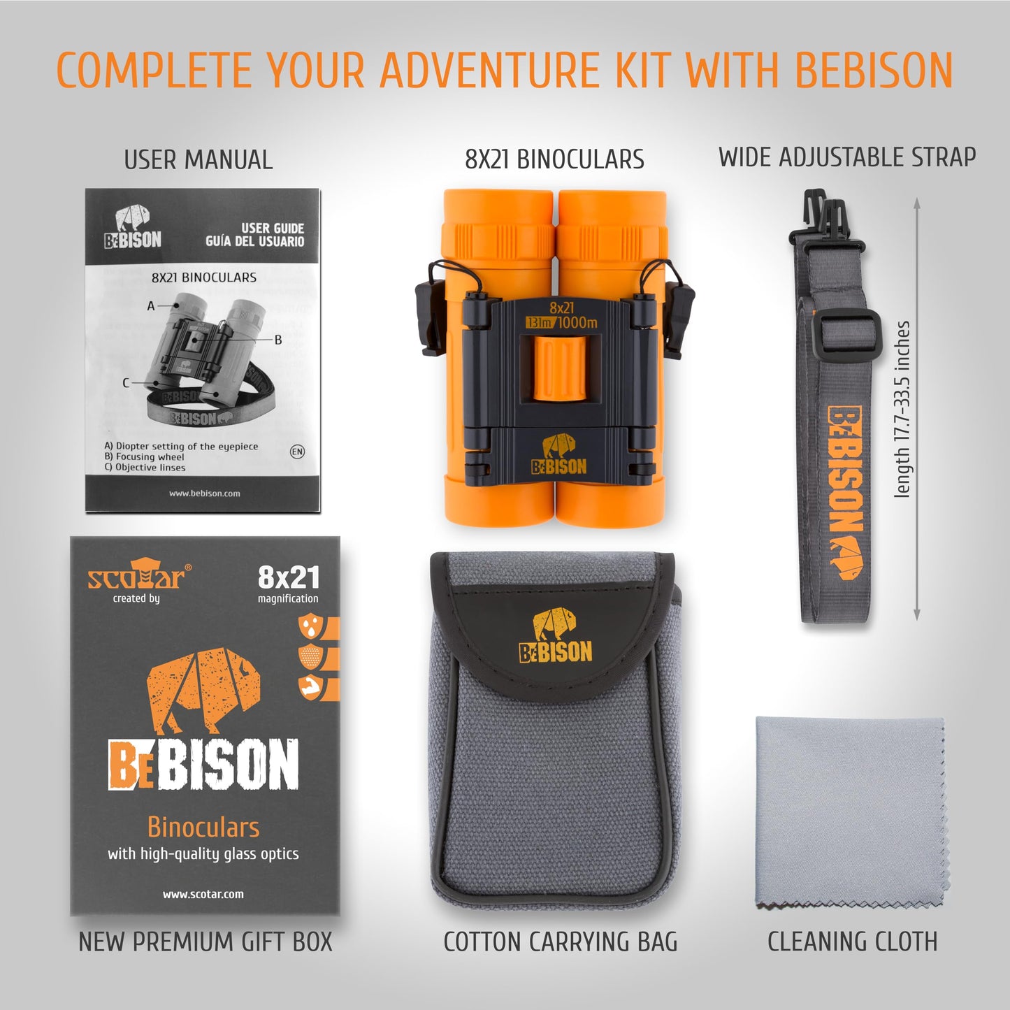 BeBison Binoculars for Kids and Adults - 8x21 High Resolution Real Optics - Compact Folding Shockproof Kids Binoculars for Bird Watching - Spy Games - Outdoor Play for Boys and Girls