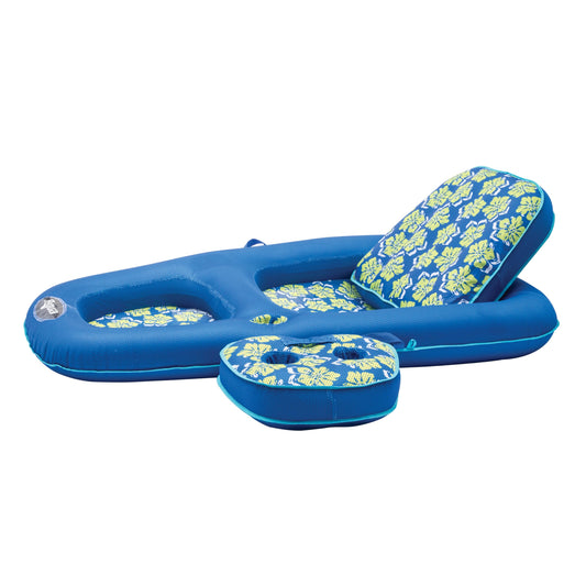 Aqua Campania Ultimate 2-in-1 Pool Float Lounge – Extra Large – Inflatable Pool Floats for Adults with Adjustable Backrest & Cupholder Caddy – Royal/Lime Hibiscus