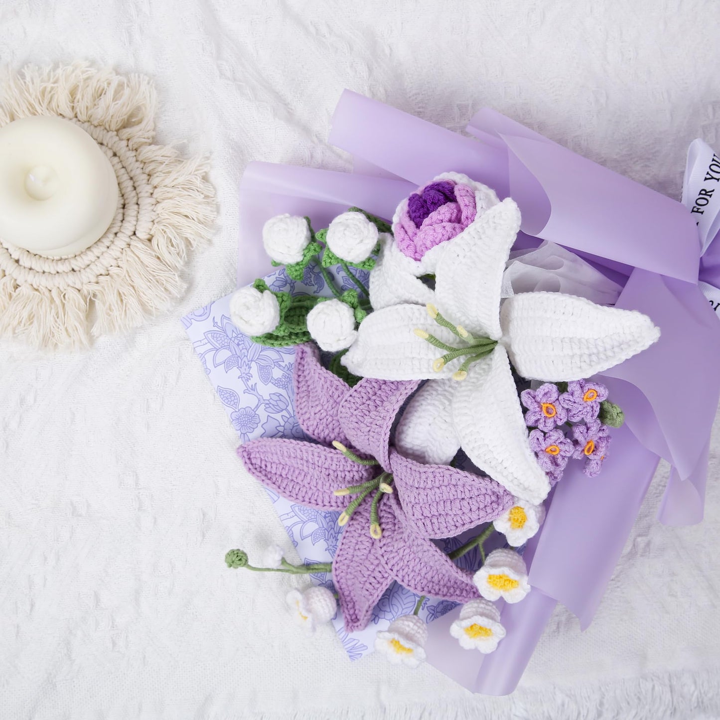 EZsenses Crochet Flower Bouquet, Handmade Knitted Lily Faux Crochet Flowers for Home Decor Valentines Day Anniversary Weddings Birthdays Mother’s Day, Includes Gift Bag and Greeting Card (Lily)