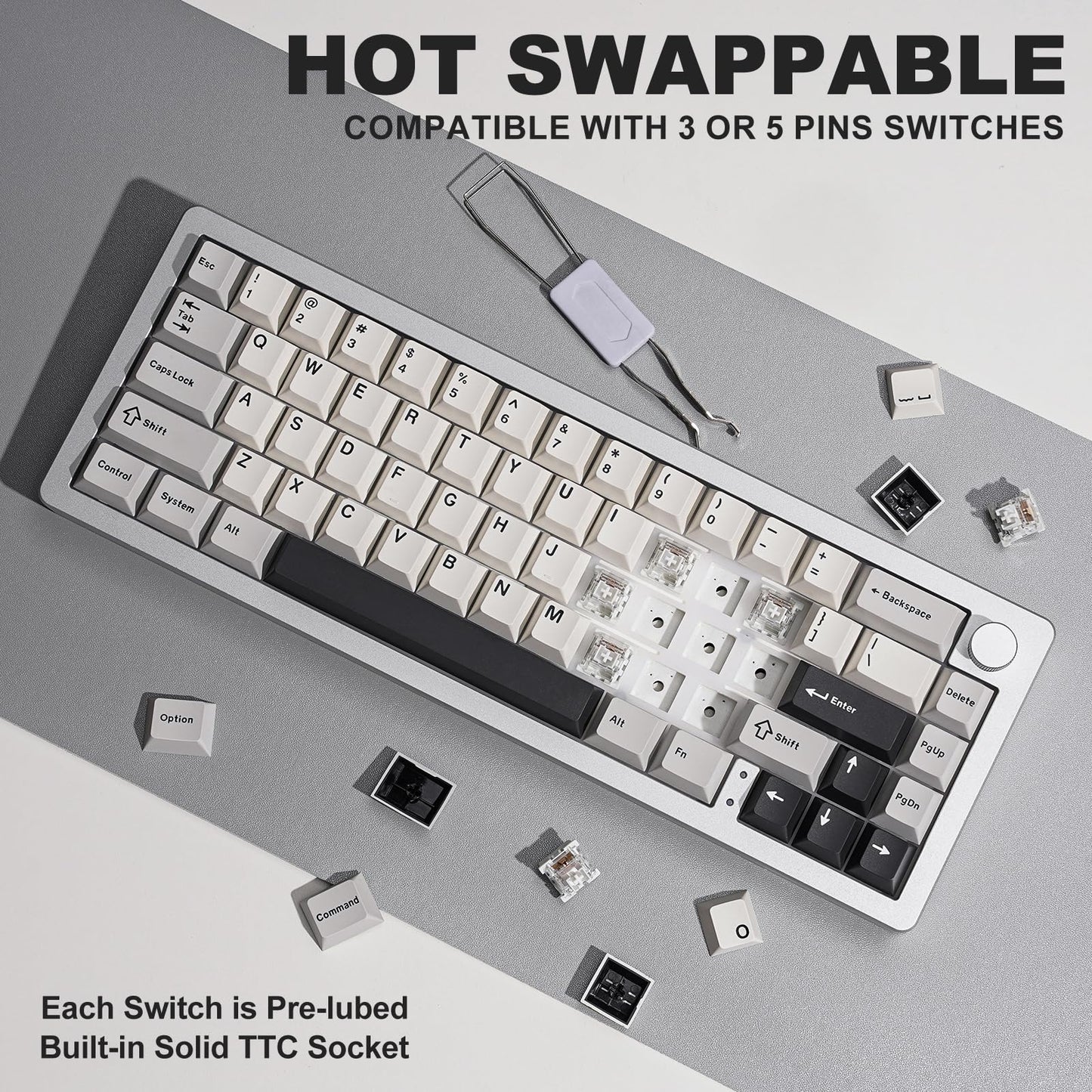 YUNZII AL66 Wireless Mechanical Keyboard,65% Knob Control Aluminum Gaming Keyboard BT/2.4G/Wired Hot Swappable Pre-lubed Switches, Gasket Mounted RGB Keyboard for Win/Mac(Milk Switch, Silver)