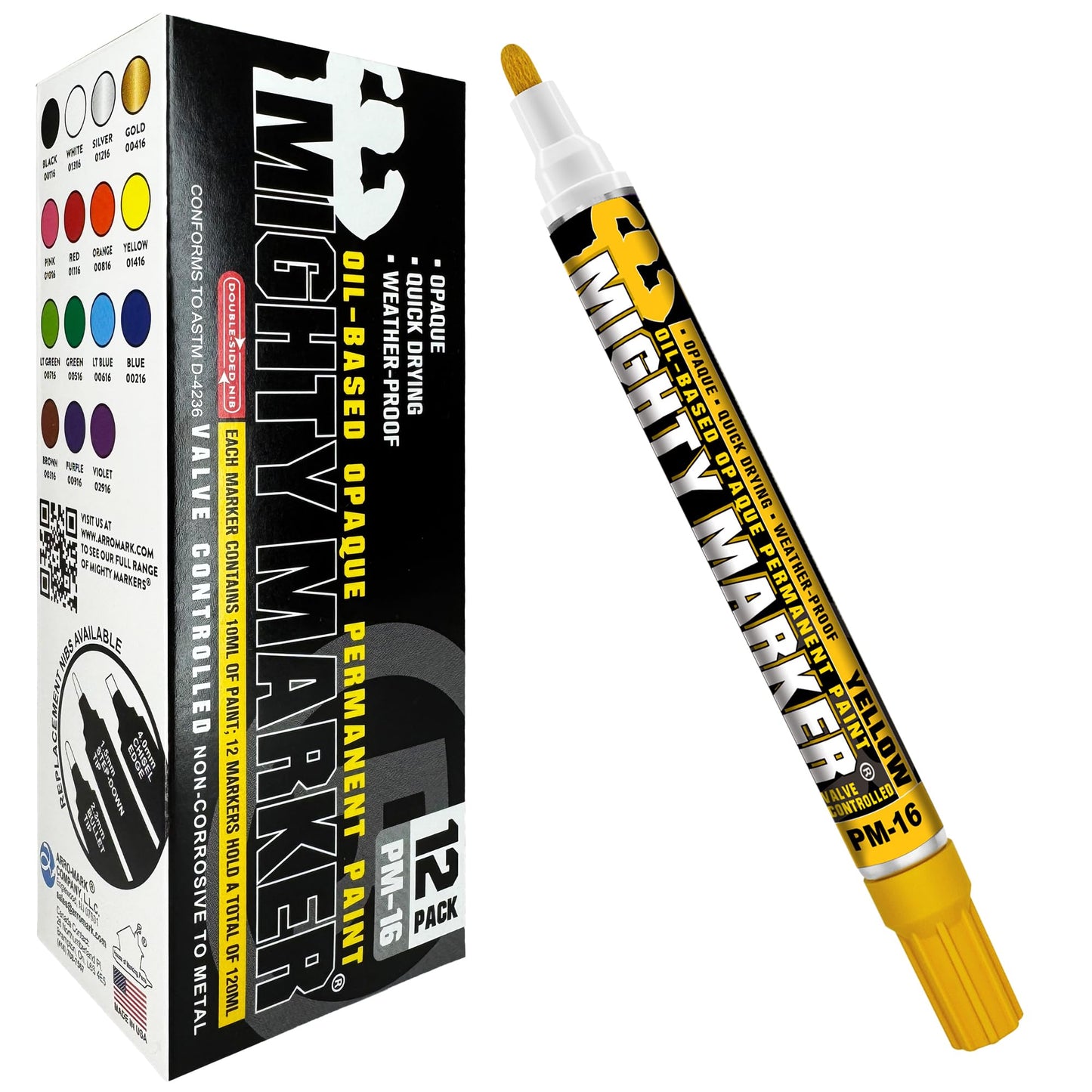 Mighty Marker PM-16 Paint Marker, Oil Based, Permanent, Quick Drying, 2.3mm Bullet Tip, Industrial Paint Pen for Contractors and Welders, Yellow 12 Box