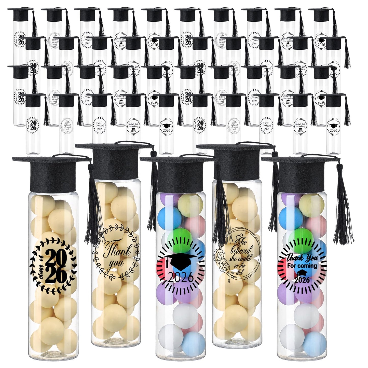 Teenyyou 50 Pcs Graduation Candy Tubes 2026 Graduation Party Favors Candy Boxes Plastic Grad Cap Jars Container with Tassels and Stickers for DIY Grad Table Party Favors (Black)