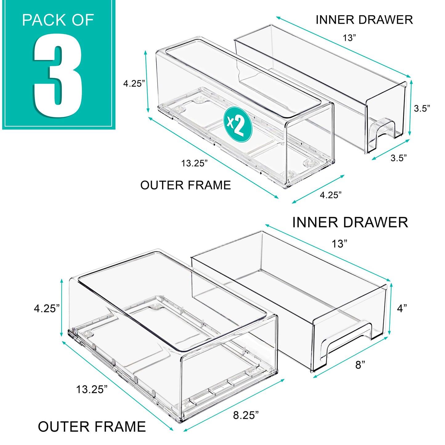 Sorbus 1 Medium & 2 Small Clear Stackable Storage Drawers – Plastic Organizer Bins with Handles – Stackable Pull-Out Storage Drawers for Closet, Pantry, Office, Bathroom, Craft, and Toy Organization