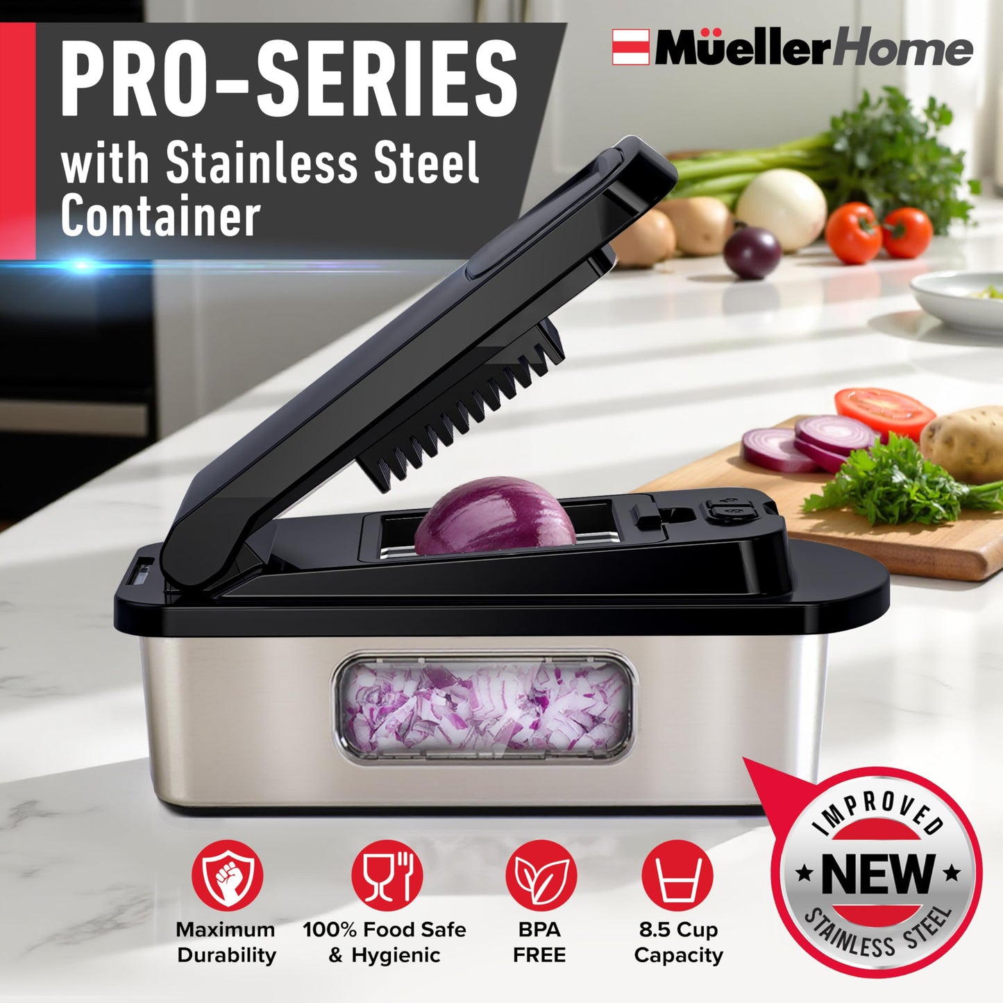 MUELLER HOME Pro-Series 10-in-1, 8 Blade Stainless Steel Multi Vegetable Chopper And Mandoline Slicer, Kitchen Tools and Gadgets, Food and Veggie Chopper, Mincer, Dicer, French Fry Cutter, Black