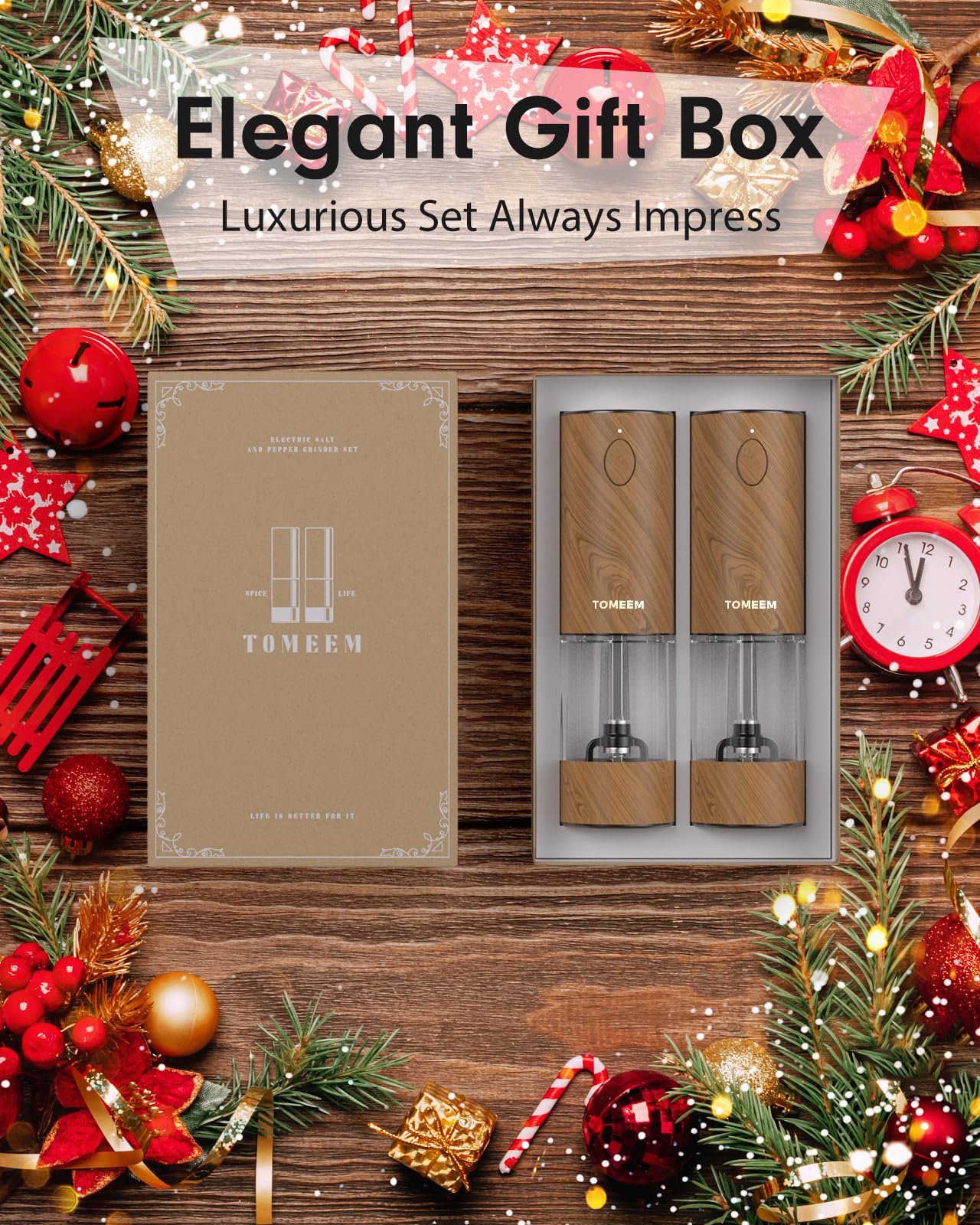 TOMEEM Upgraded Larger Capacity Electric Salt and Pepper Grinder Set Rechargeable with LED lights, Stainless Steel Automatic Pepper and Salt Grinder Refillable with 5 Adjustable Coarseness Wood Grain