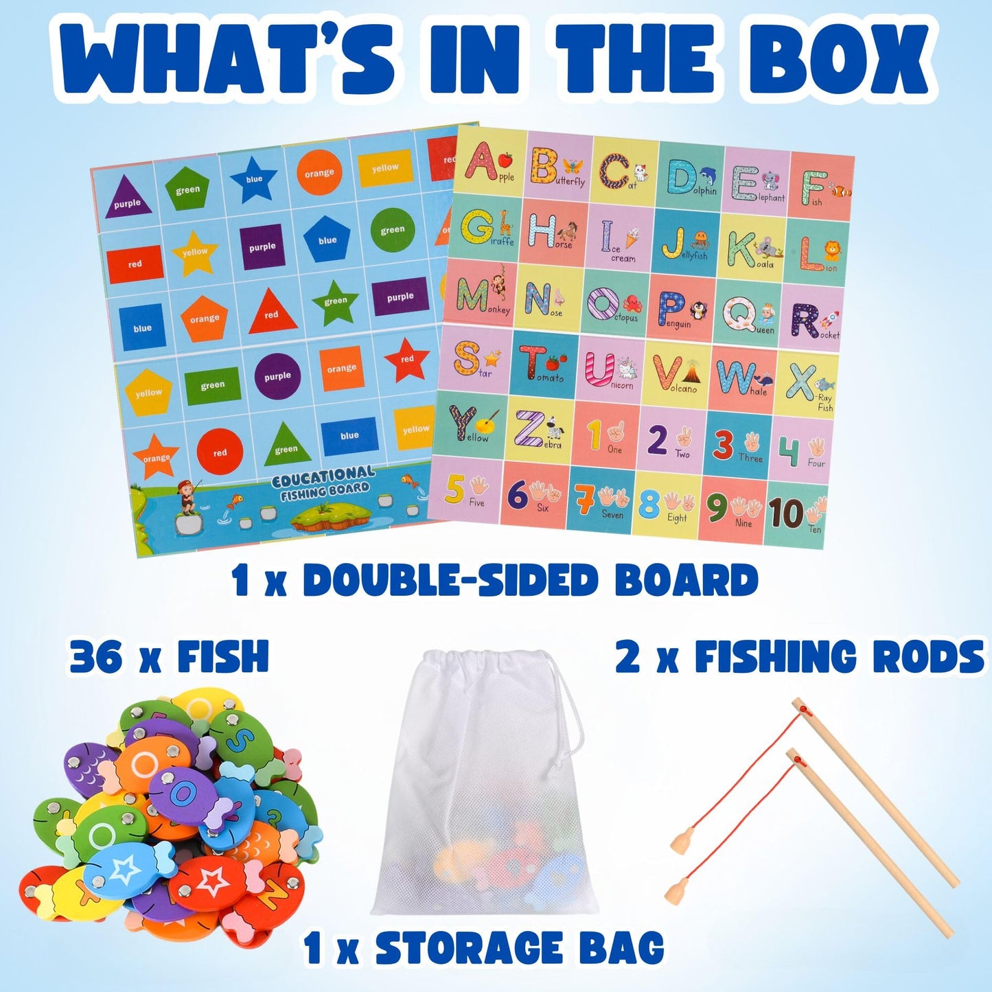 Magnetic Wooden Fishing Game – Interactive ABC Alphabet, Numbers, Shapes & Colors 4-in-1 Learning Board | Montessori Educational Toy for Kids | Complete Set with 36 Fish, 2 Poles & Wooden Board