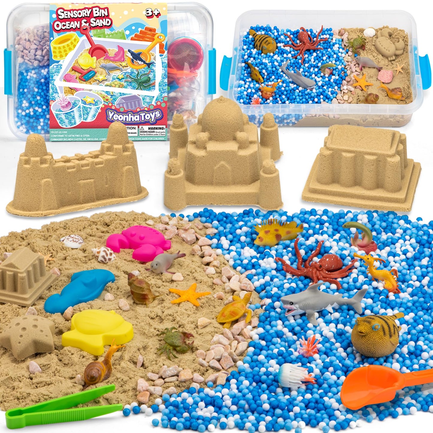 Ocean&Sand Sensory Bin with Lid, 42 Pcs Sensory Sand Kit with Sea Animals for Kids, Birthday Christmas Gifts for Boys Girls, Preschool Learning Activities Tools Box, Outdoor Sandbox Toys for Kids