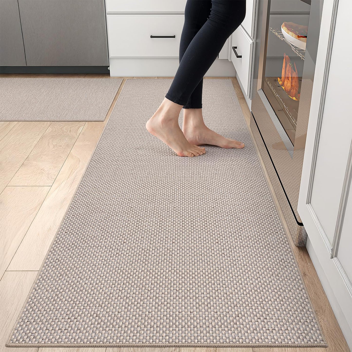 DEXI Kitchen Rugs Non Slip Washable, 24x36+24x82 Absorbent Floor Mats Thin, Soft Carpet Runner for Sink Laundry, Set of 2, Beige
