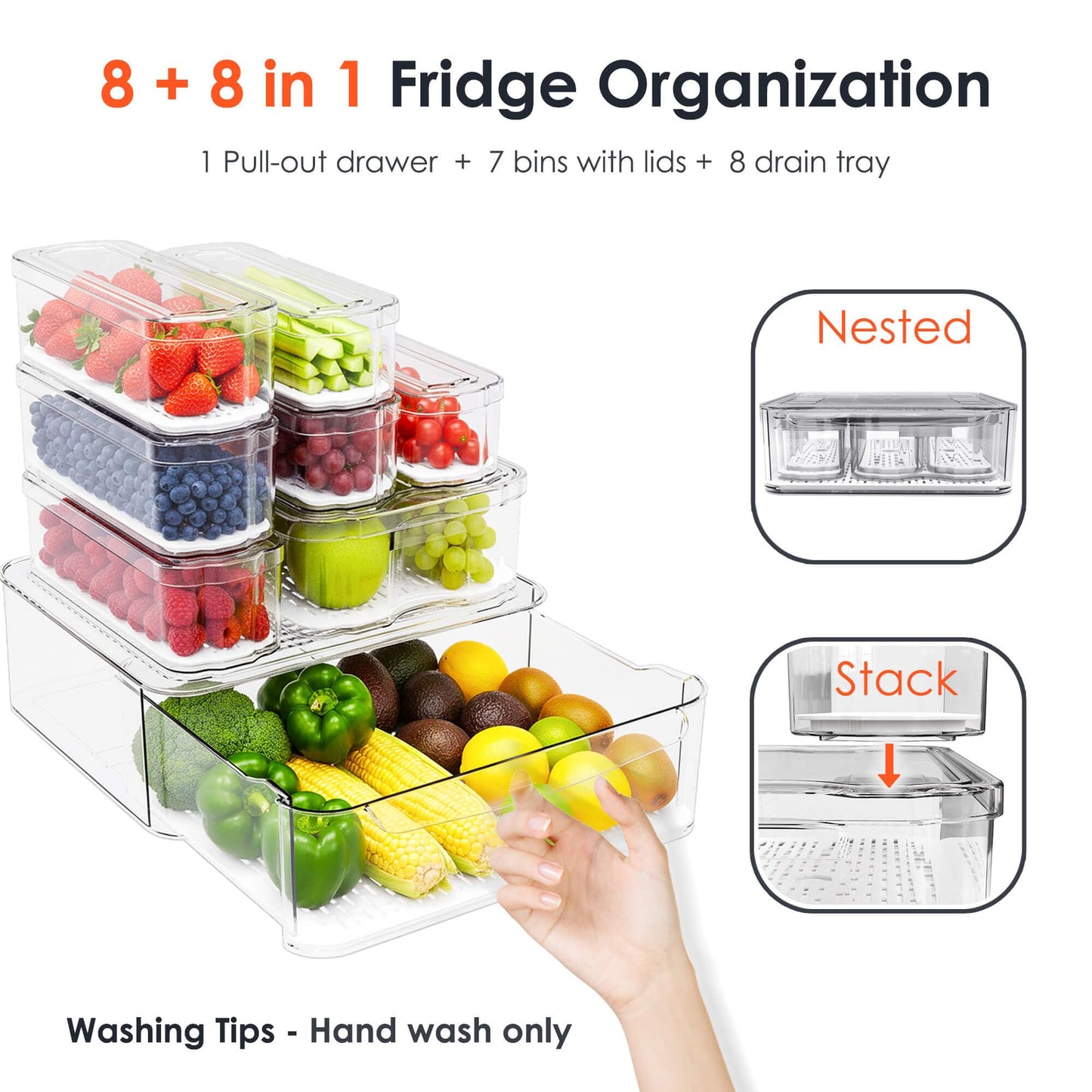 SMRCAD Fridge Organizers and Storage, 8 Pack Clear Freezer Organizer Bins with Lids for Kitchen, Pantry, Refrigerator, Food, Fruit, Vegetable Storage (8 Bins (Include Pull-out Drawer))