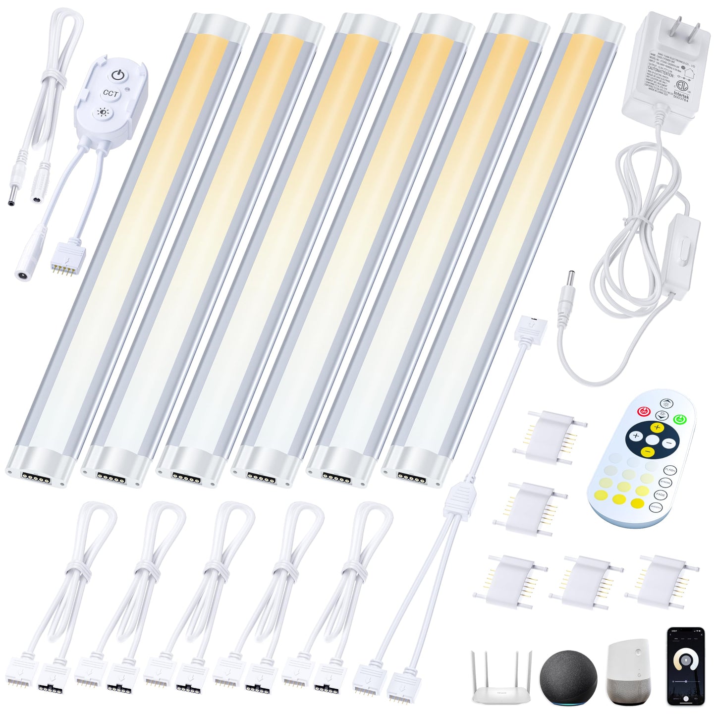 Smart Under Cabinet Lighting App, Alexa & Google Compatible Cabinet Lights – Linkable with Timer Under Counter Lights Fixtures for Kitchen, Book Shelf, Show Case (6 Lights Bar Kit)