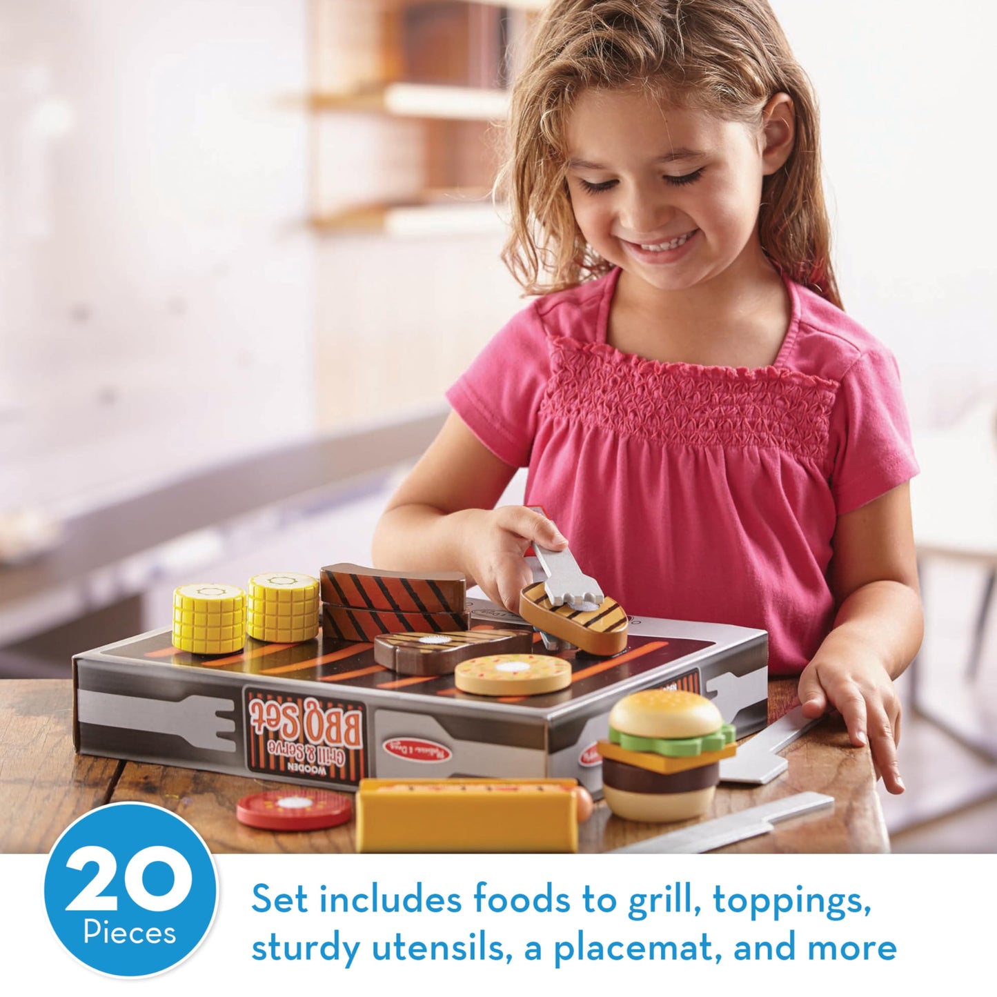 Melissa & Doug Grill and Serve BBQ Set (20 pcs) - Wooden Play Food and AccessoriesHot Dog Toy BBQ Play Kitchen Food for Ages 3+