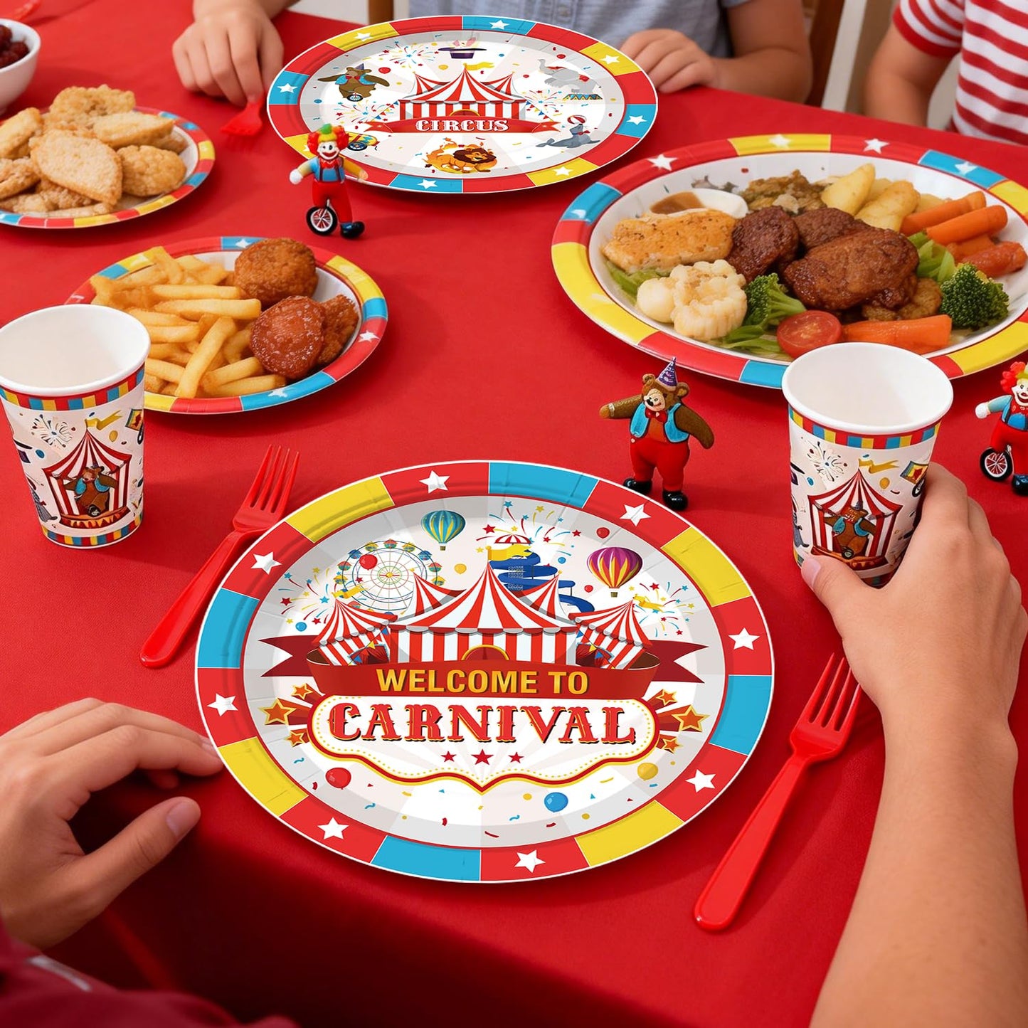 Cocomigo 302 PCS Circus Theme Party Decorations, All-in-One Carnival Theme Party Decorations Set with 25pcs Plates, Napkins, Tablecloths, Banner, Balloon Arch Circus Party Decorations for Girl & Boy
