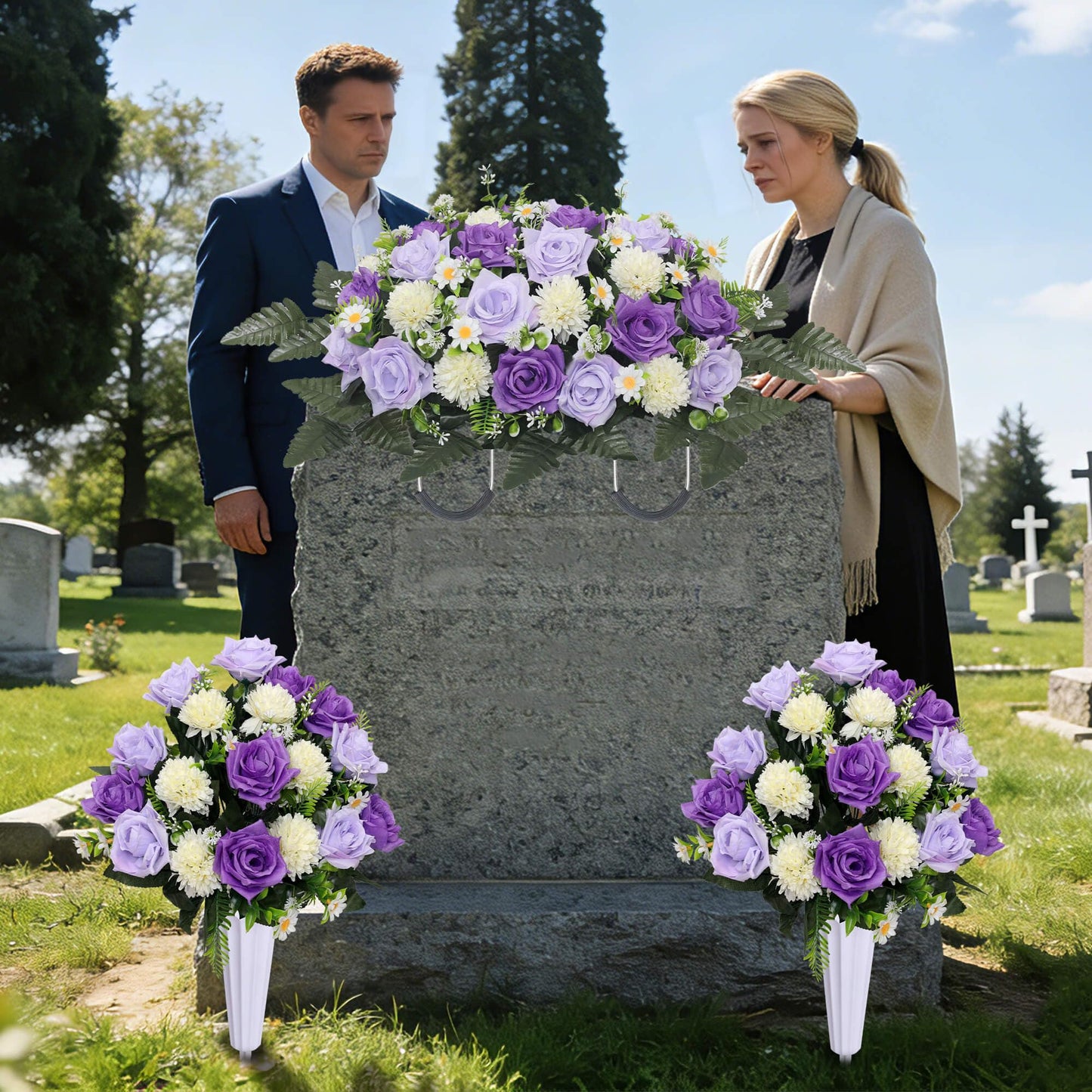 Lodou 3Pack Cemetery Decorations for Grave Large Headstone Flower Saddle Artificial Rose Bouquets with Vases for Outdoor Grave Headstone Decorations(Purple)